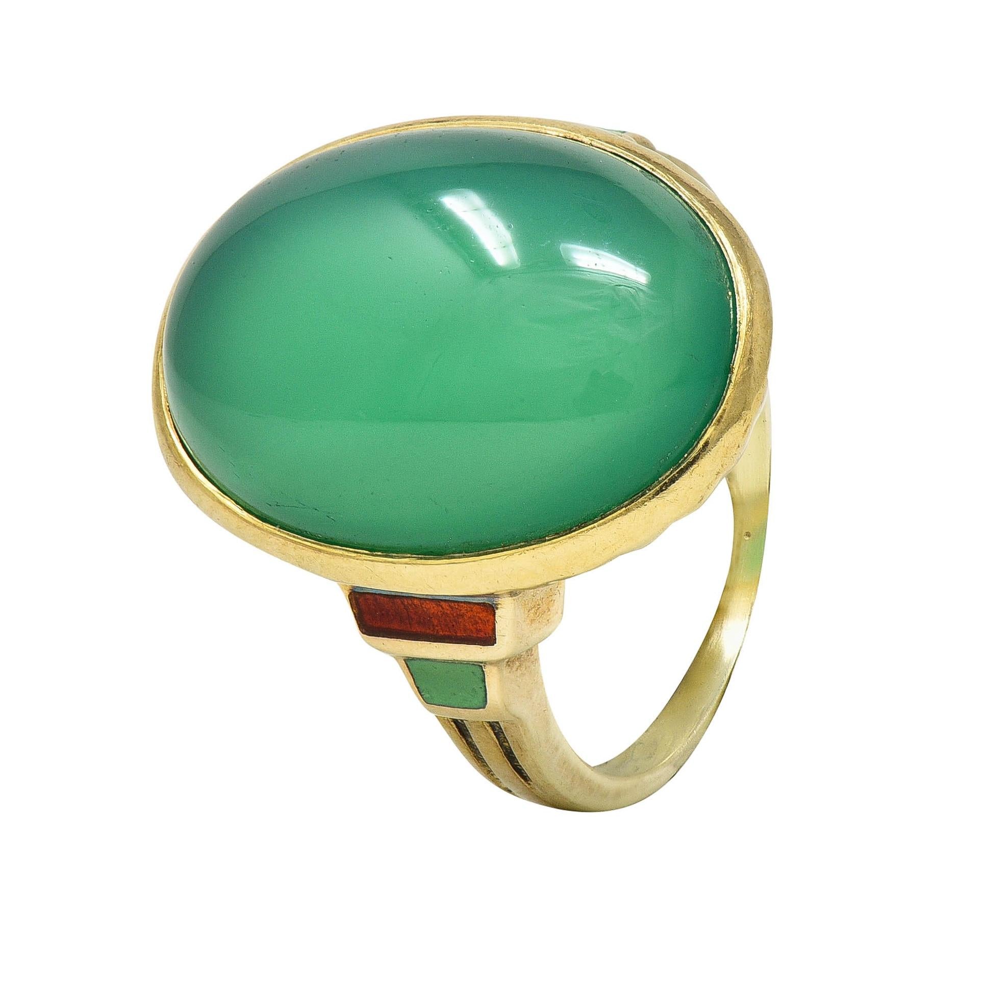 Allsopp Bros. Art Deco Chrysoprase Enamel 14 Karat Yellow Gold Antique Ring