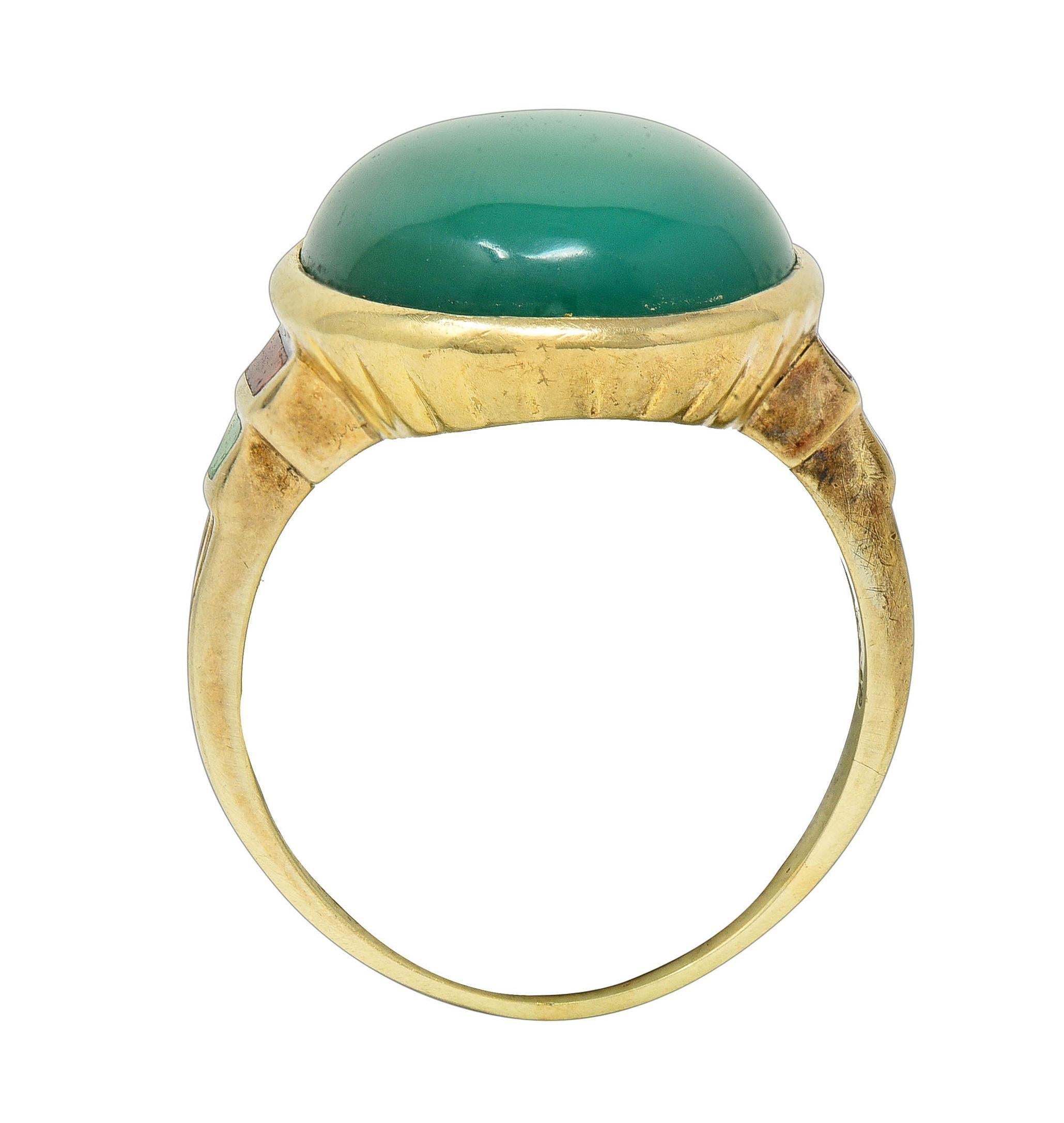 Allsopp Bros. Art Deco Chrysoprase Enamel 14 Karat Yellow Gold Antique Ring