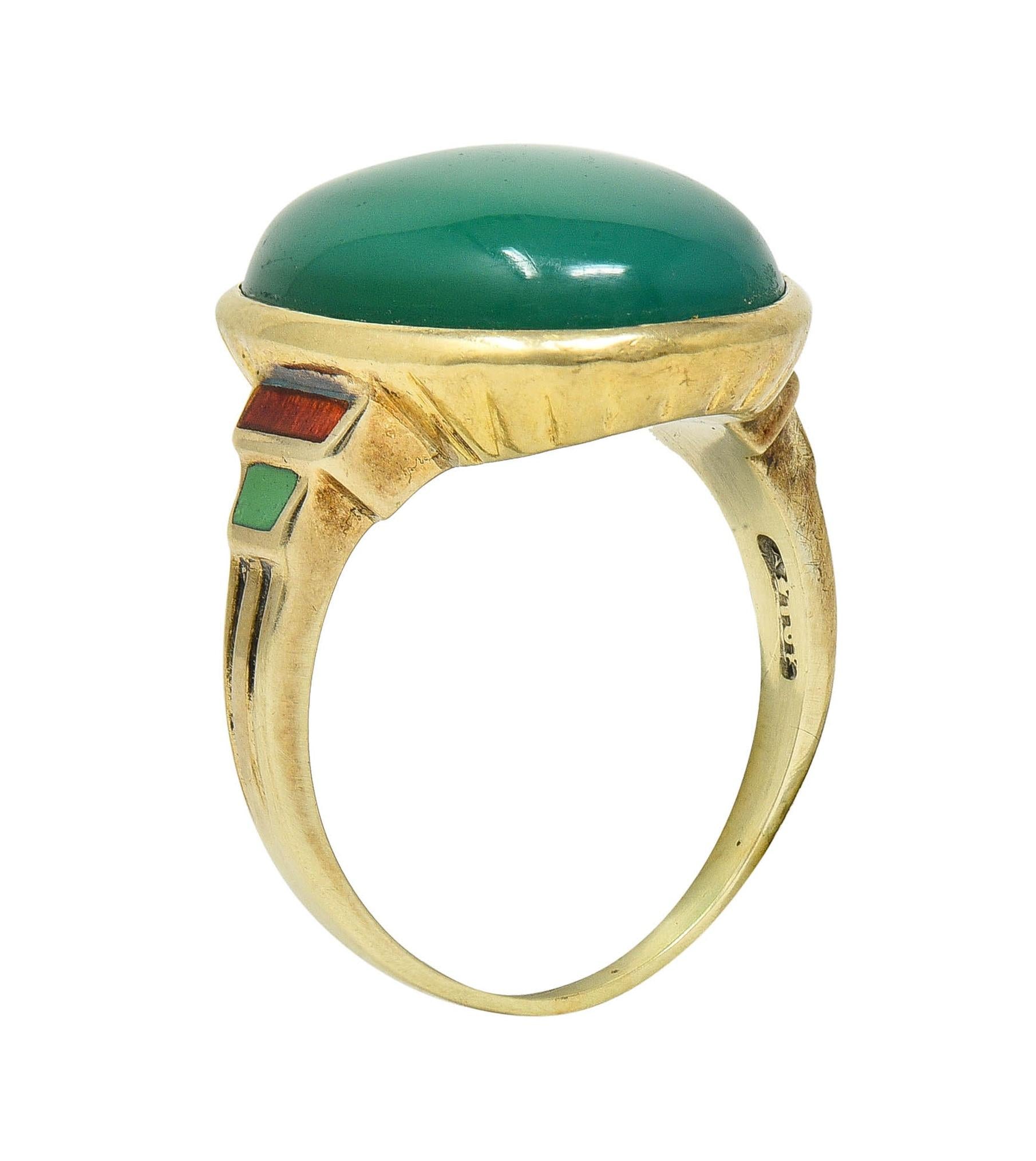 Allsopp Bros. Art Deco Chrysoprase Enamel 14 Karat Yellow Gold Antique Ring