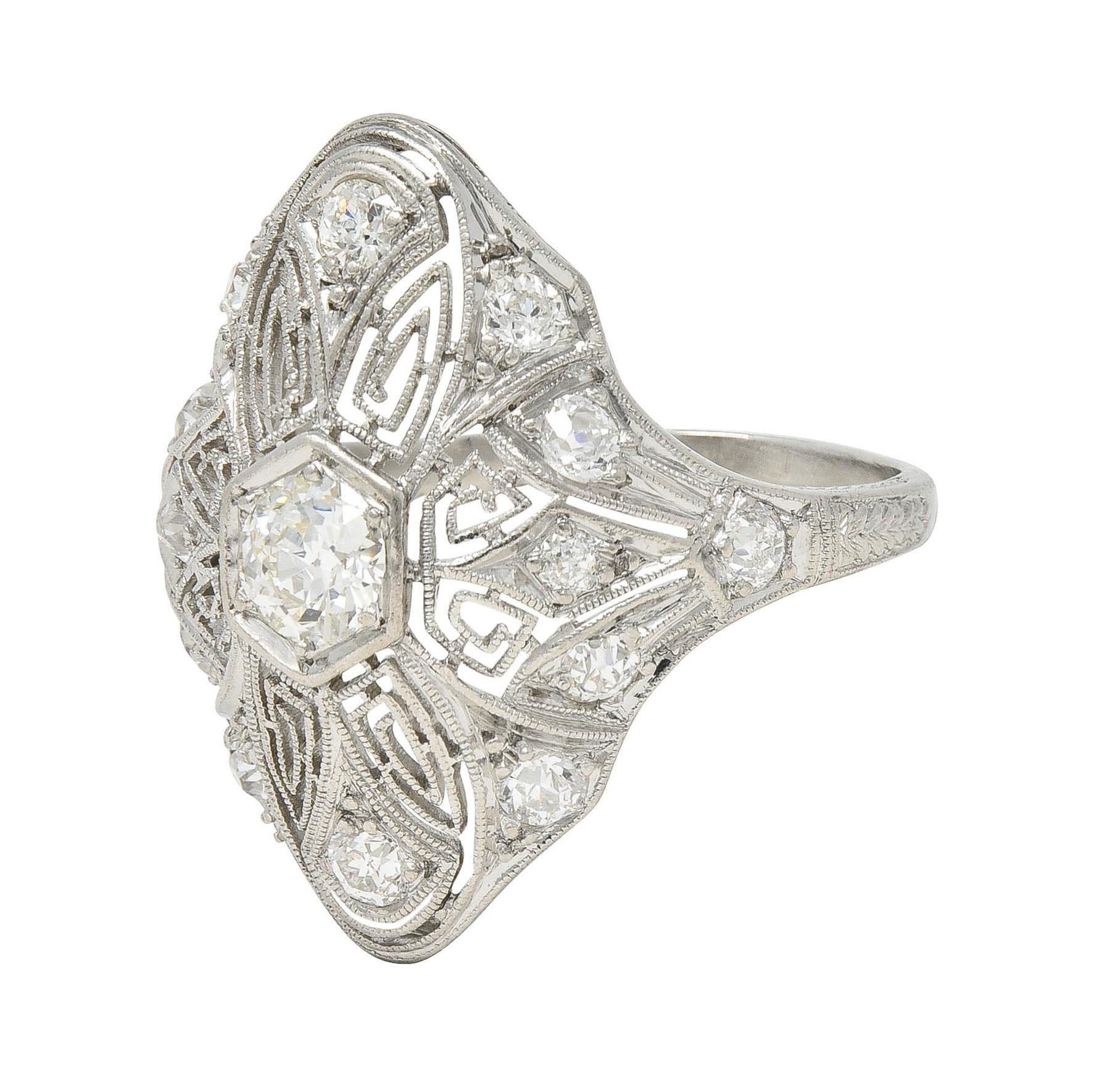 Art Deco 1.15 CTW Diamond Platinum Vintage Greek Key Navette Ring