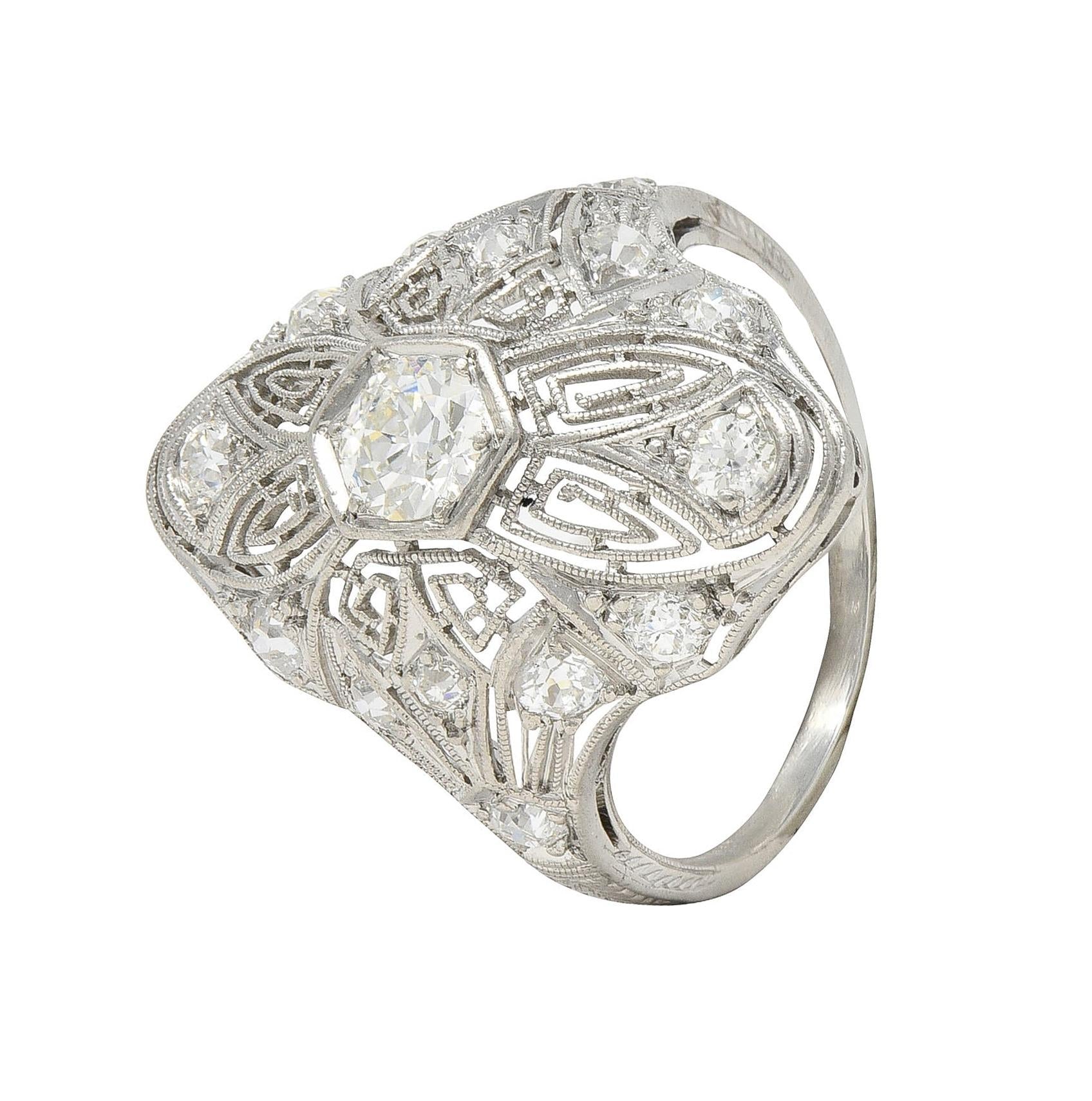 Art Deco 1.15 CTW Diamond Platinum Vintage Greek Key Navette Ring