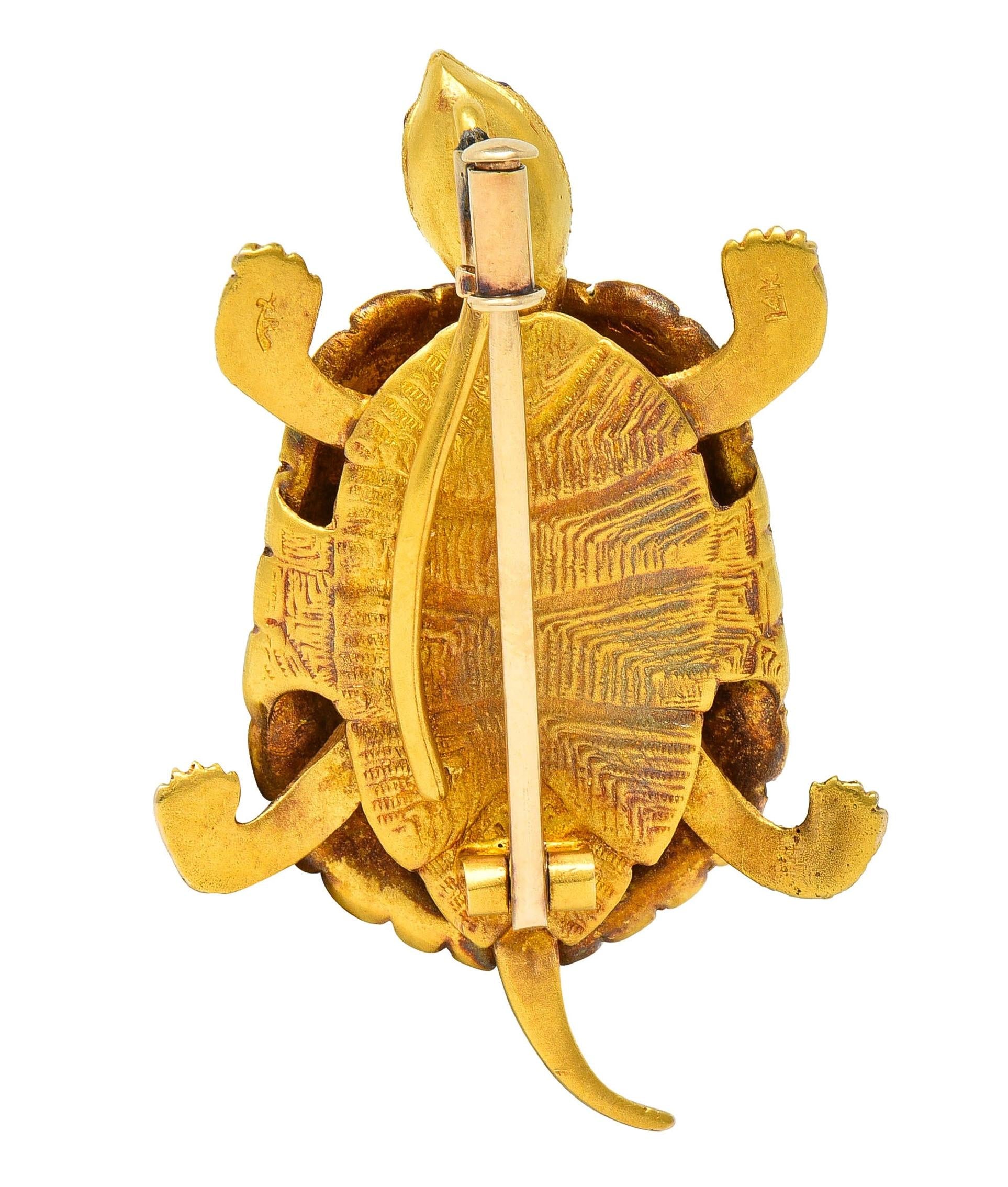 Riker Brothers Art Nouveau Diamond Demantoid 14K Gold Antique Turtle Brooch