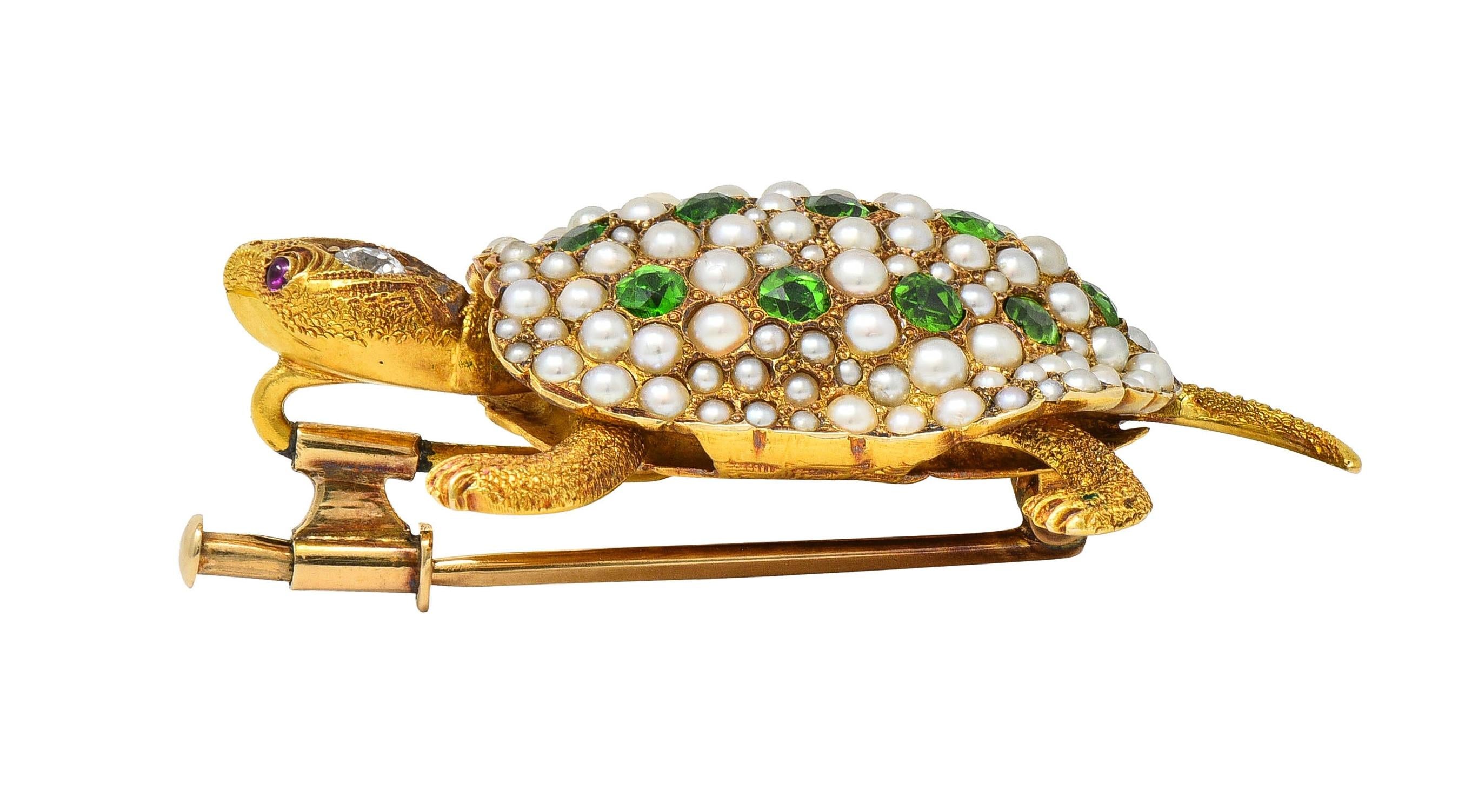 Riker Brothers Art Nouveau Diamond Demantoid 14K Gold Antique Turtle Brooch