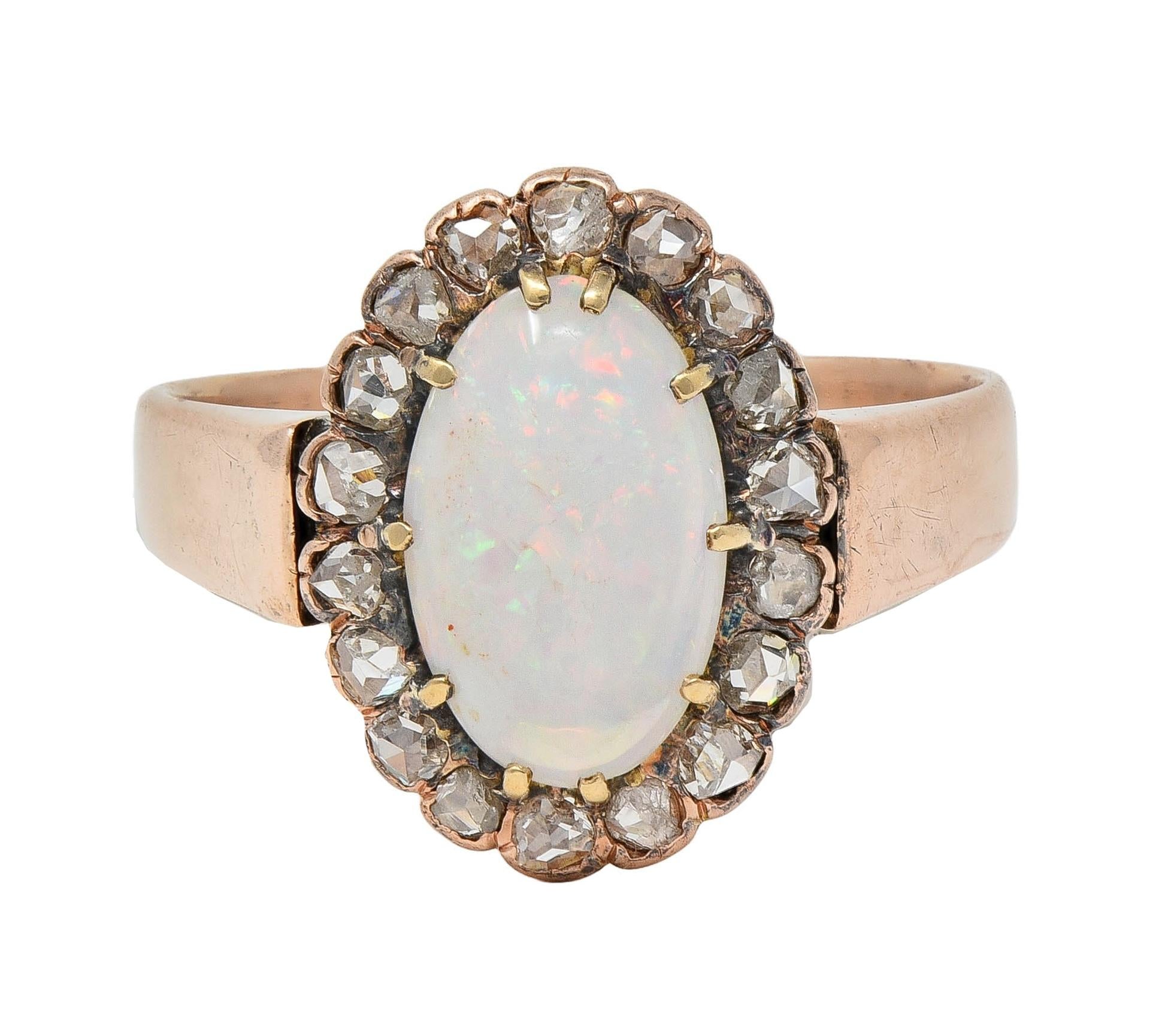 Victorian Opal Rose Cut Diamond 14 Karat Rose Gold Antique Halo Ring