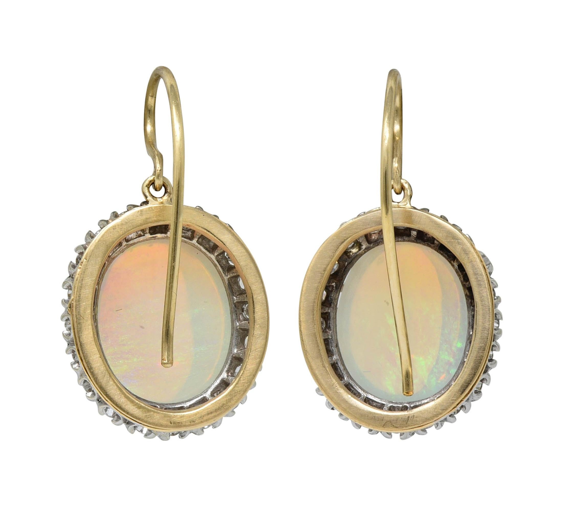 Mid-Century Opal Diamond 14 Karat Two-Tone Gold Vintage Halo Drop Earrings