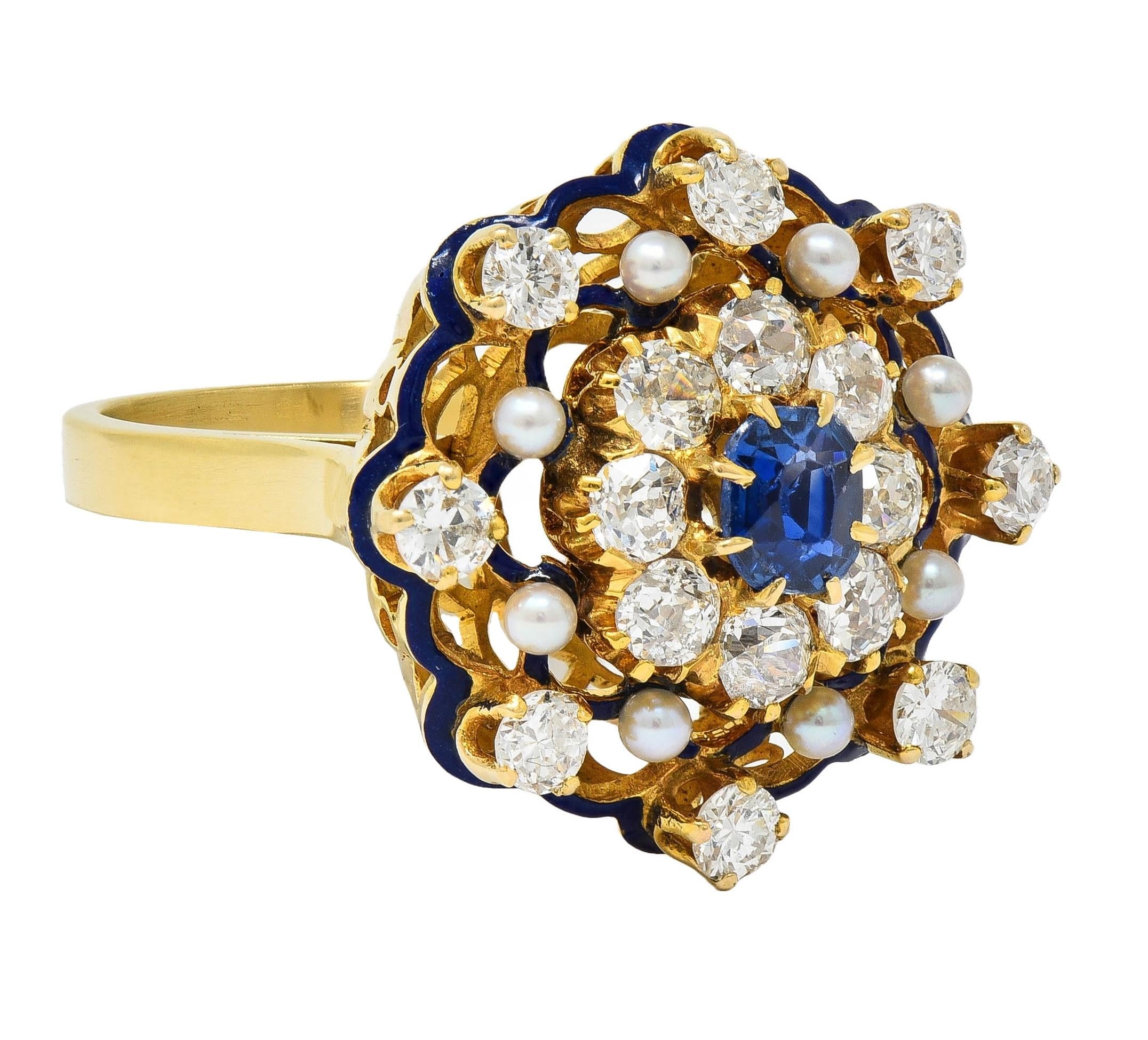 1950's 2.12 CTW Sapphire Diamond Pearl Enamel 18K Gold Vintage Cocktail Ring