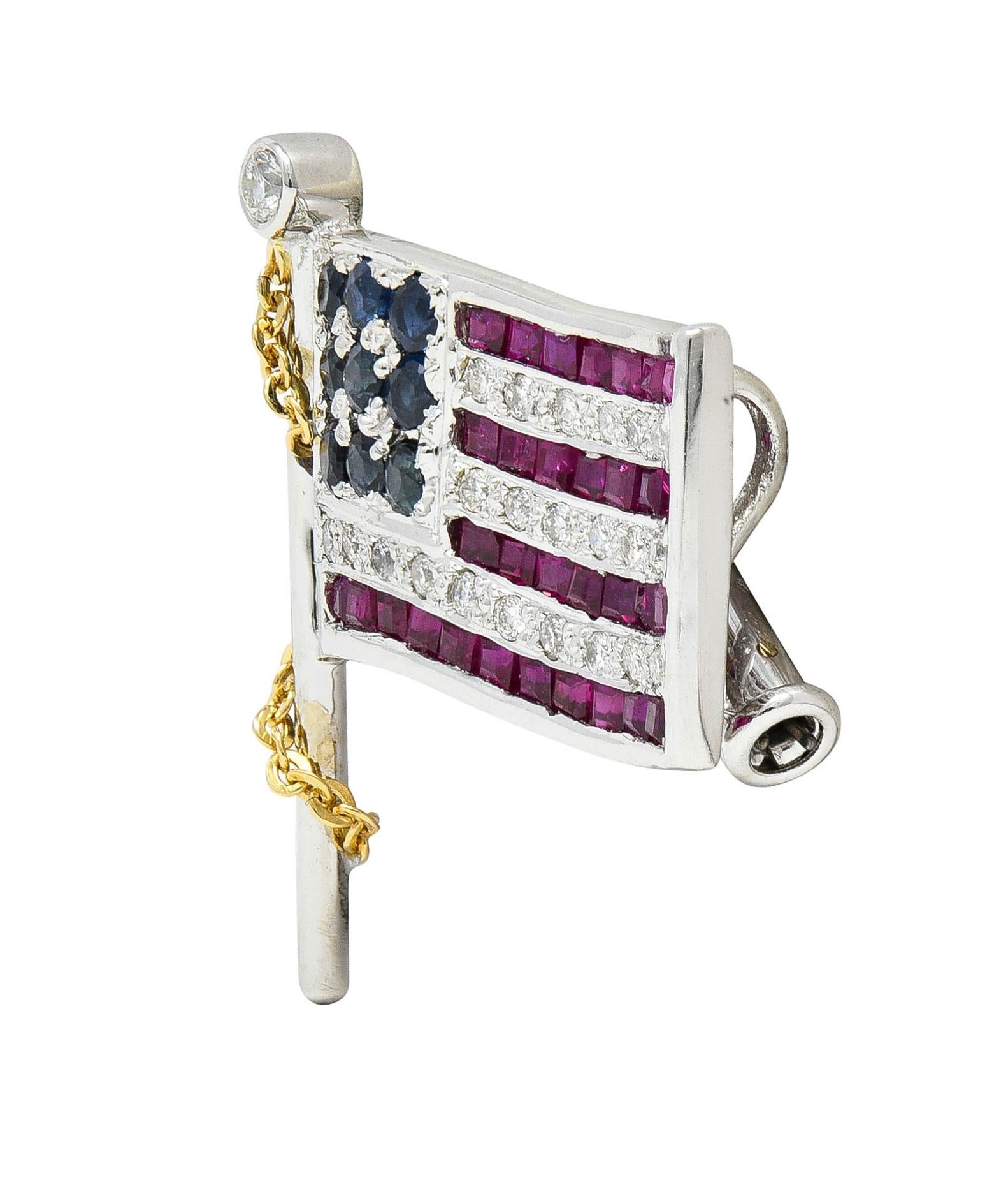 1.25 CTW Sapphire Ruby Diamond 14 Karat Gold American Flag Pendant Brooch