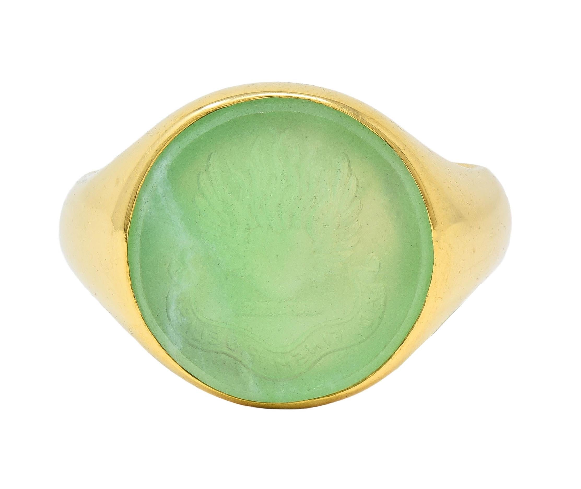 Victorian 1860 Green Chalcedony 18K Gold Antique Heraldry Intaglio Signet Ring