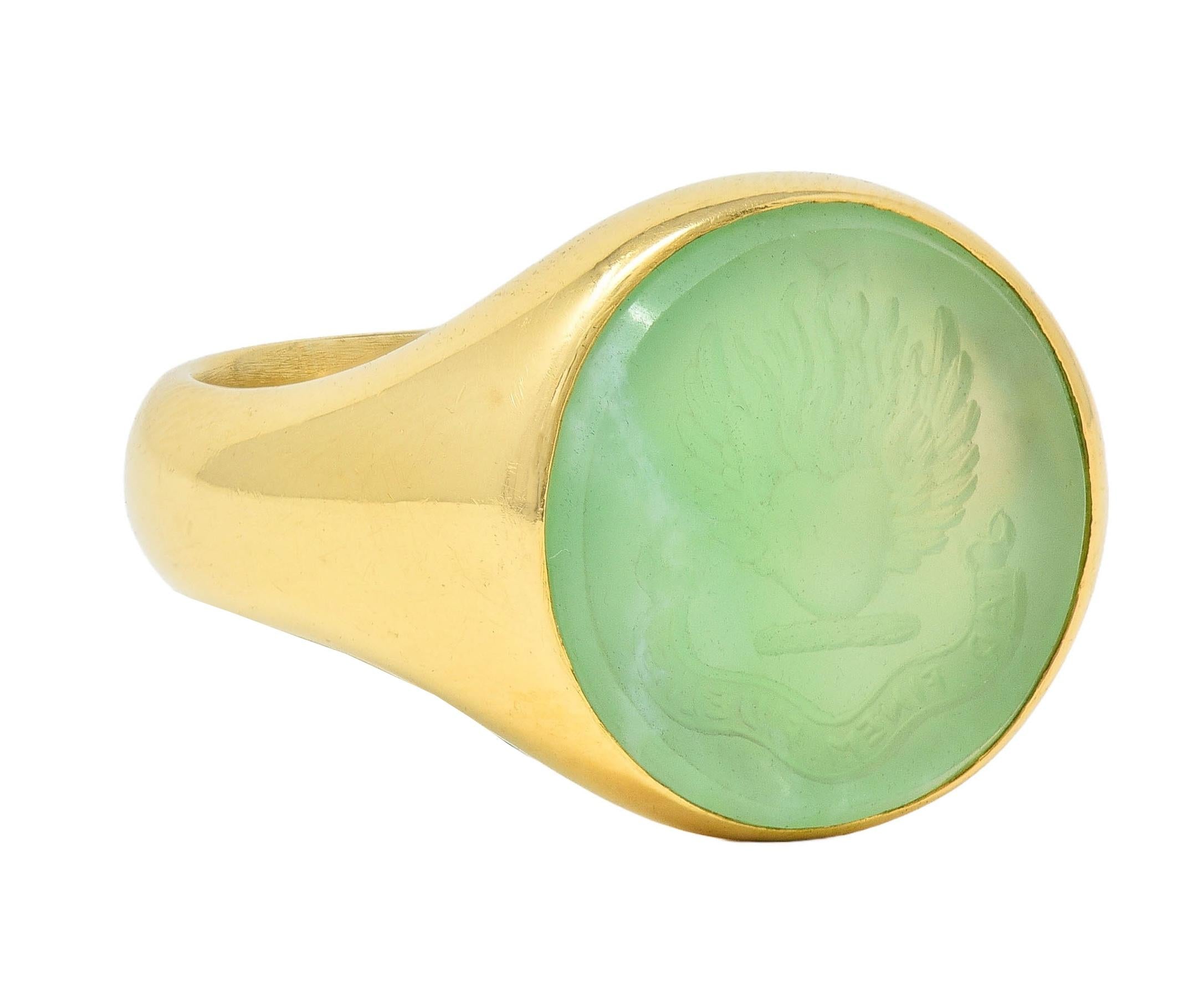 Victorian 1860 Green Chalcedony 18K Gold Antique Heraldry Intaglio Signet Ring