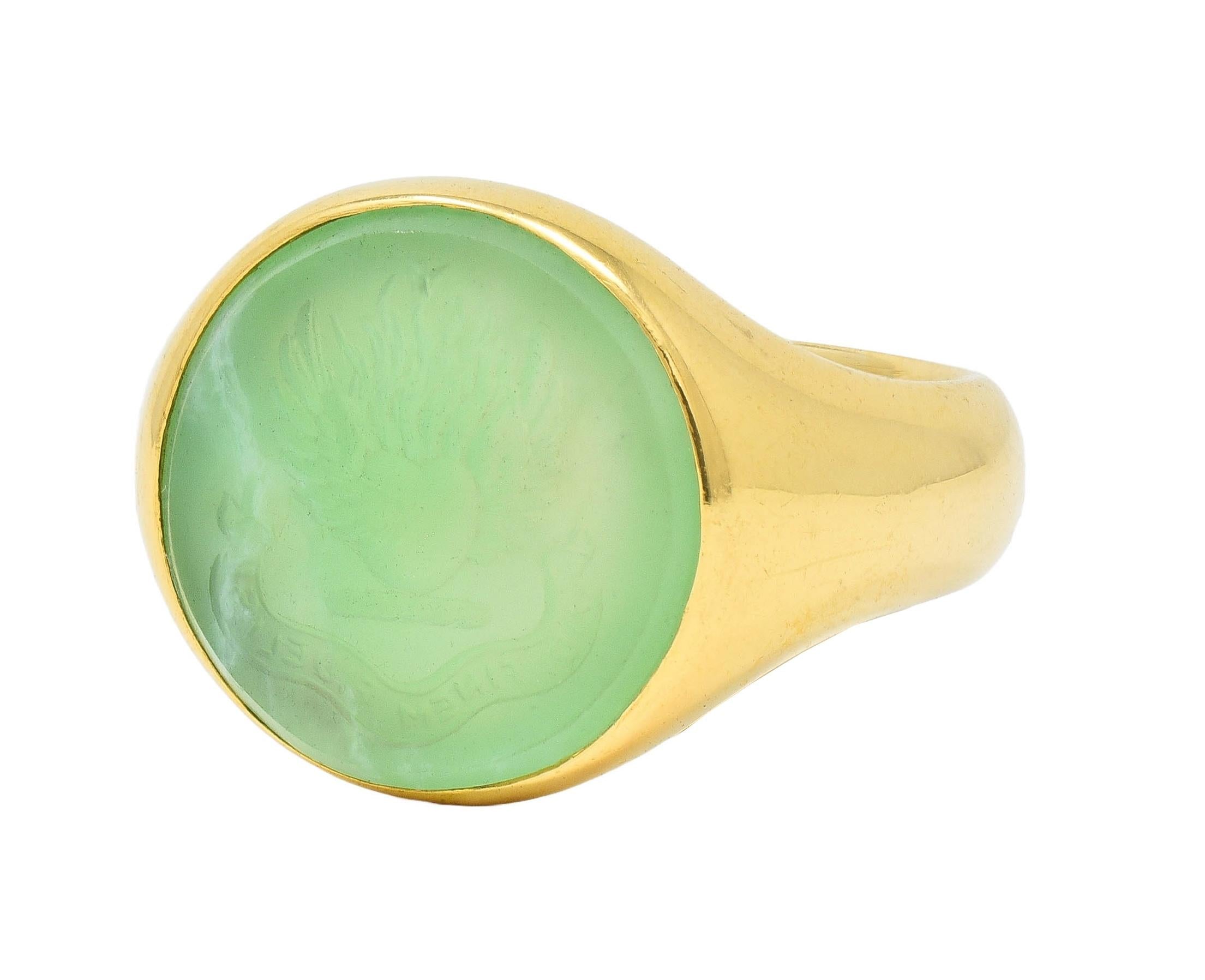 Victorian 1860 Green Chalcedony 18K Gold Antique Heraldry Intaglio Signet Ring