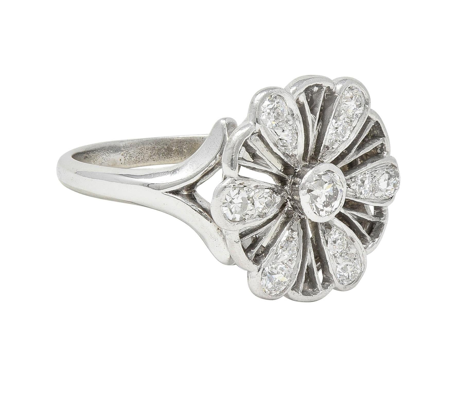 Mid-Century Diamond 14 Karat White Gold Fanning Floral Vintage Dinner Ring