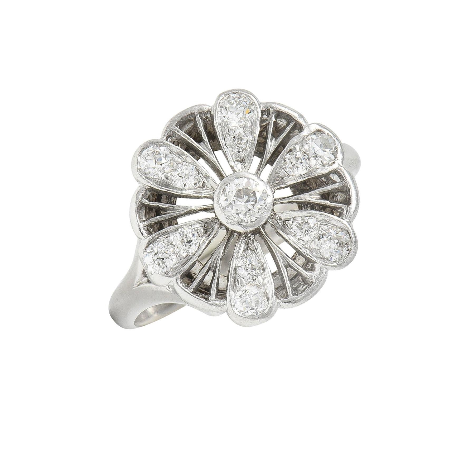 Mid-Century Diamond 14 Karat White Gold Fanning Floral Vintage Dinner Ring