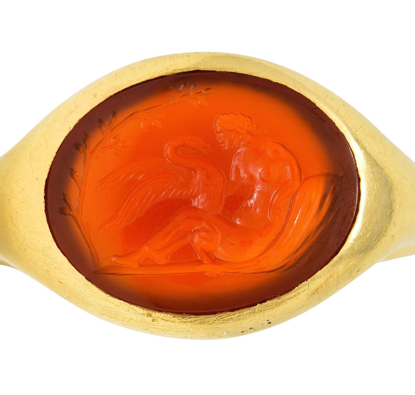 Victorian French Carnelian 18 Karat Yellow Gold Leda & Swan Intaglio Signet Ring