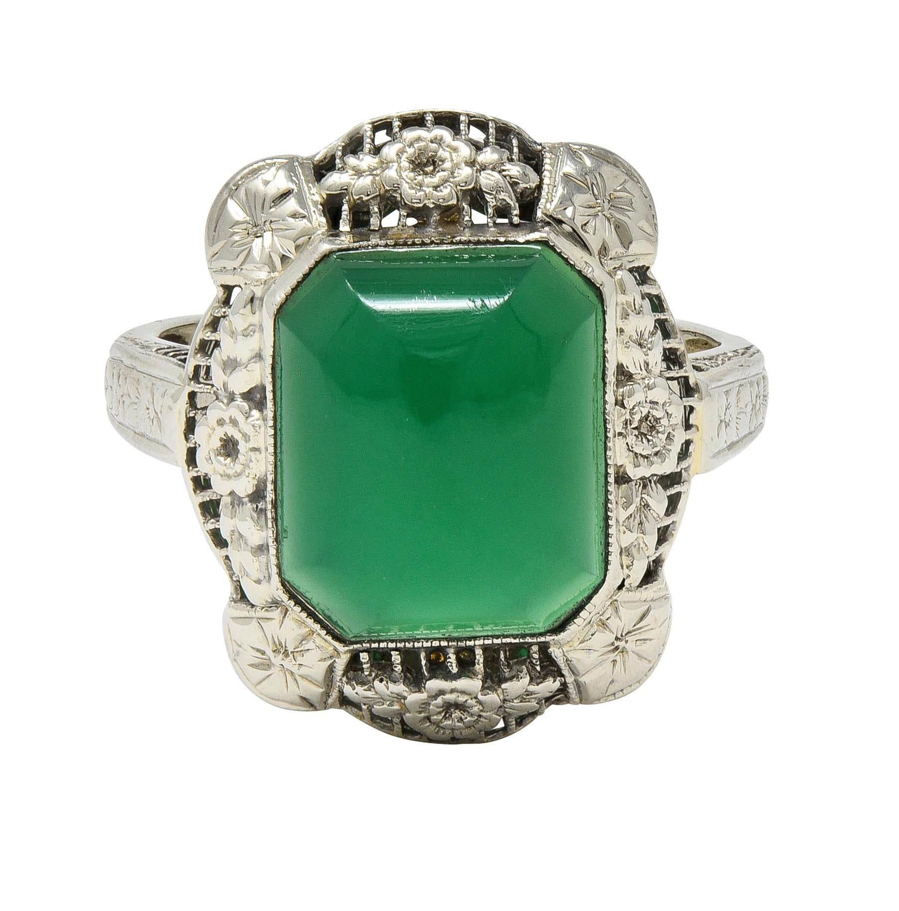 Art Deco Chrysoprase 14 Karat White Gold Vintage Orange Blossom Dinner Ring