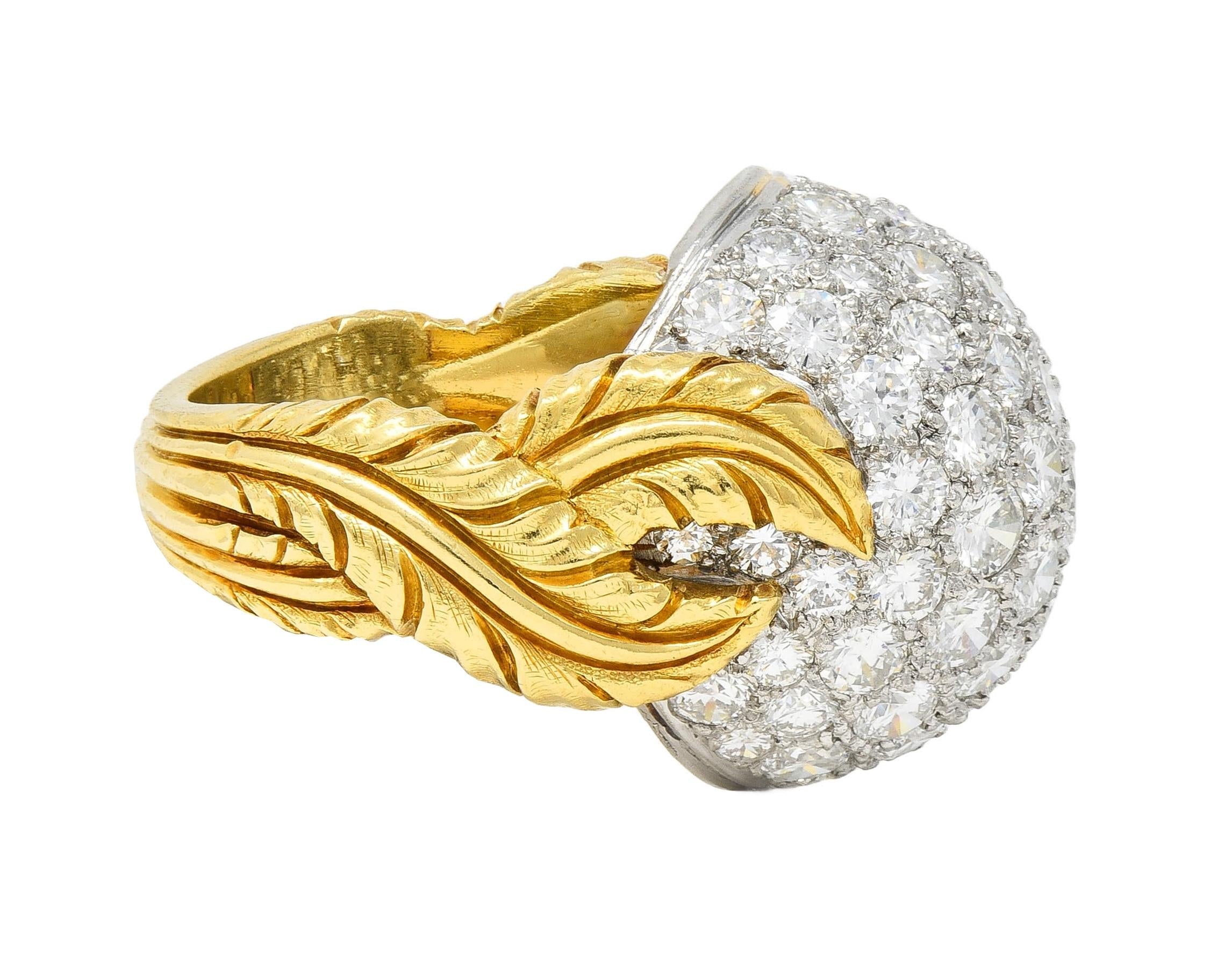 Mid-Century 4.80 CTW Diamond Platinum 18K Yellow Gold Vintage Dome Feather Ring