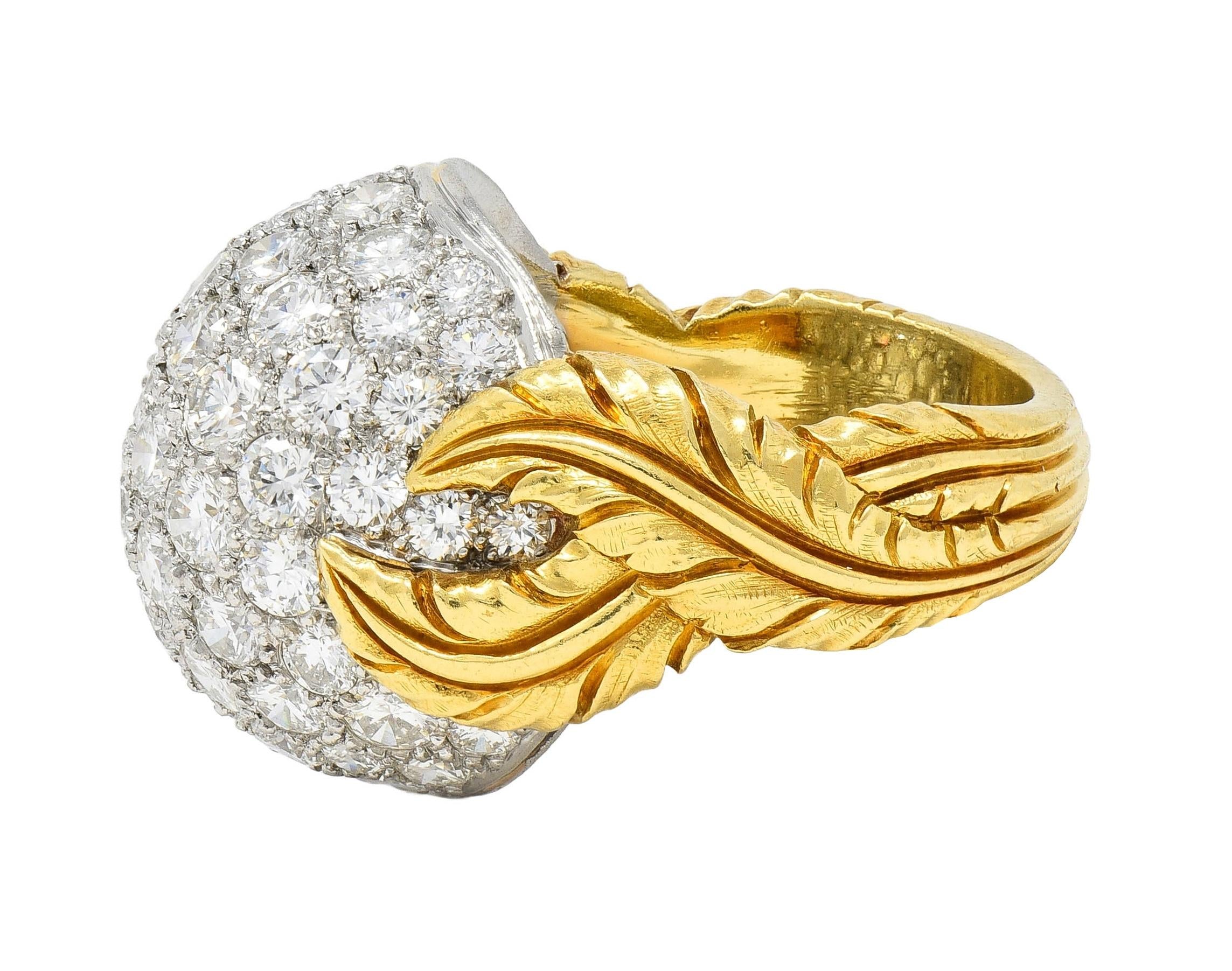 Mid-Century 4.80 CTW Diamond Platinum 18K Yellow Gold Vintage Dome Feather Ring