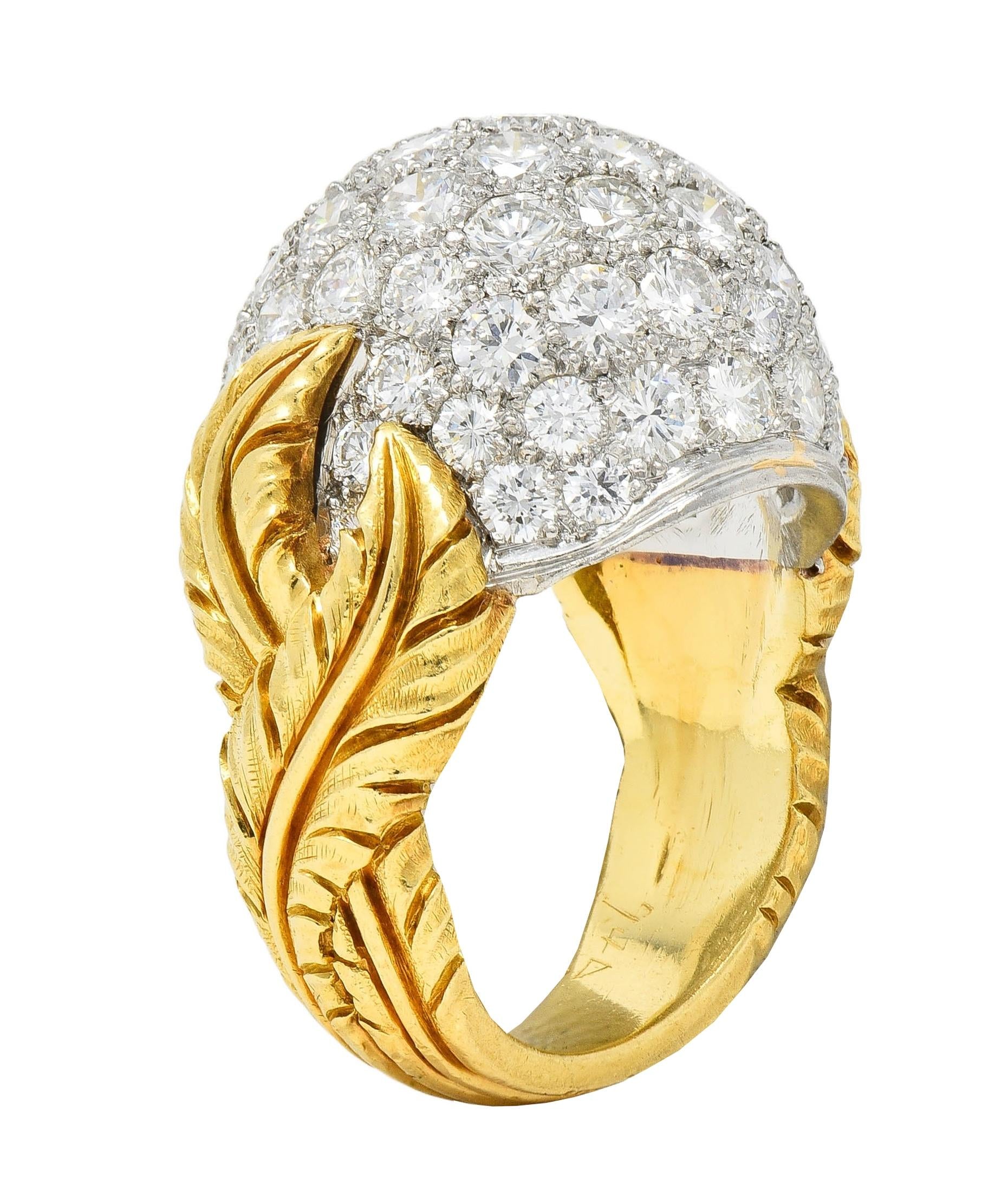 Mid-Century 4.80 CTW Diamond Platinum 18K Yellow Gold Vintage Dome Feather Ring