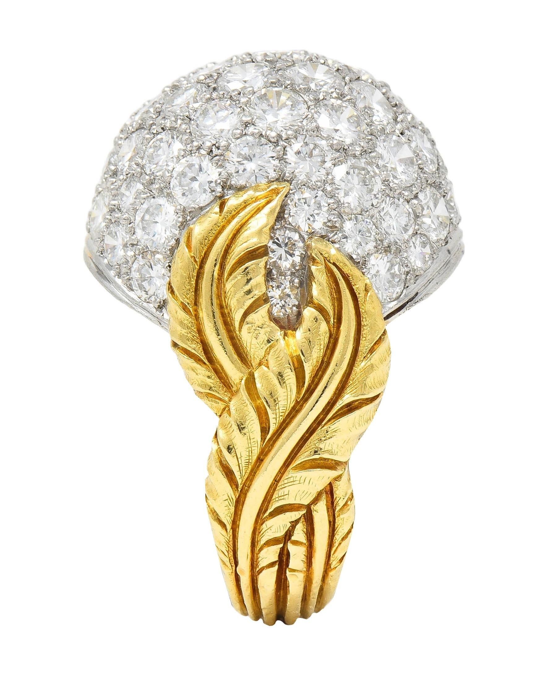 Mid-Century 4.80 CTW Diamond Platinum 18K Yellow Gold Vintage Dome Feather Ring