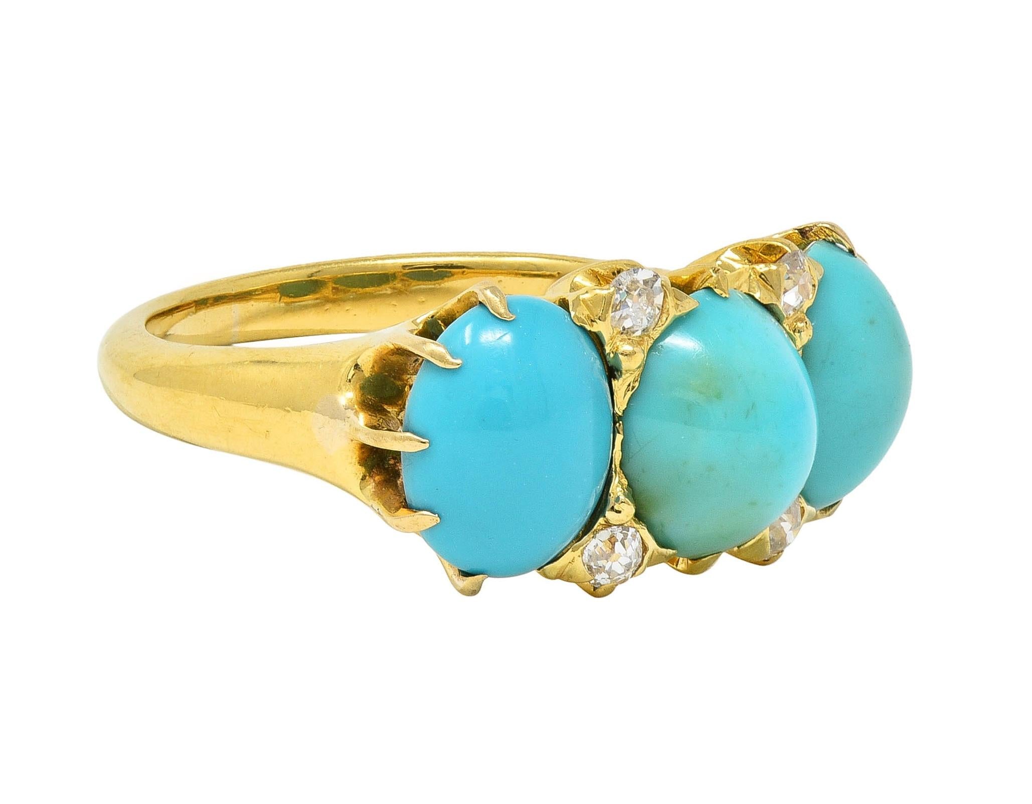 Victorian Turquoise Diamond 18 Karat Yellow Gold Antique Three Stone Band Ring