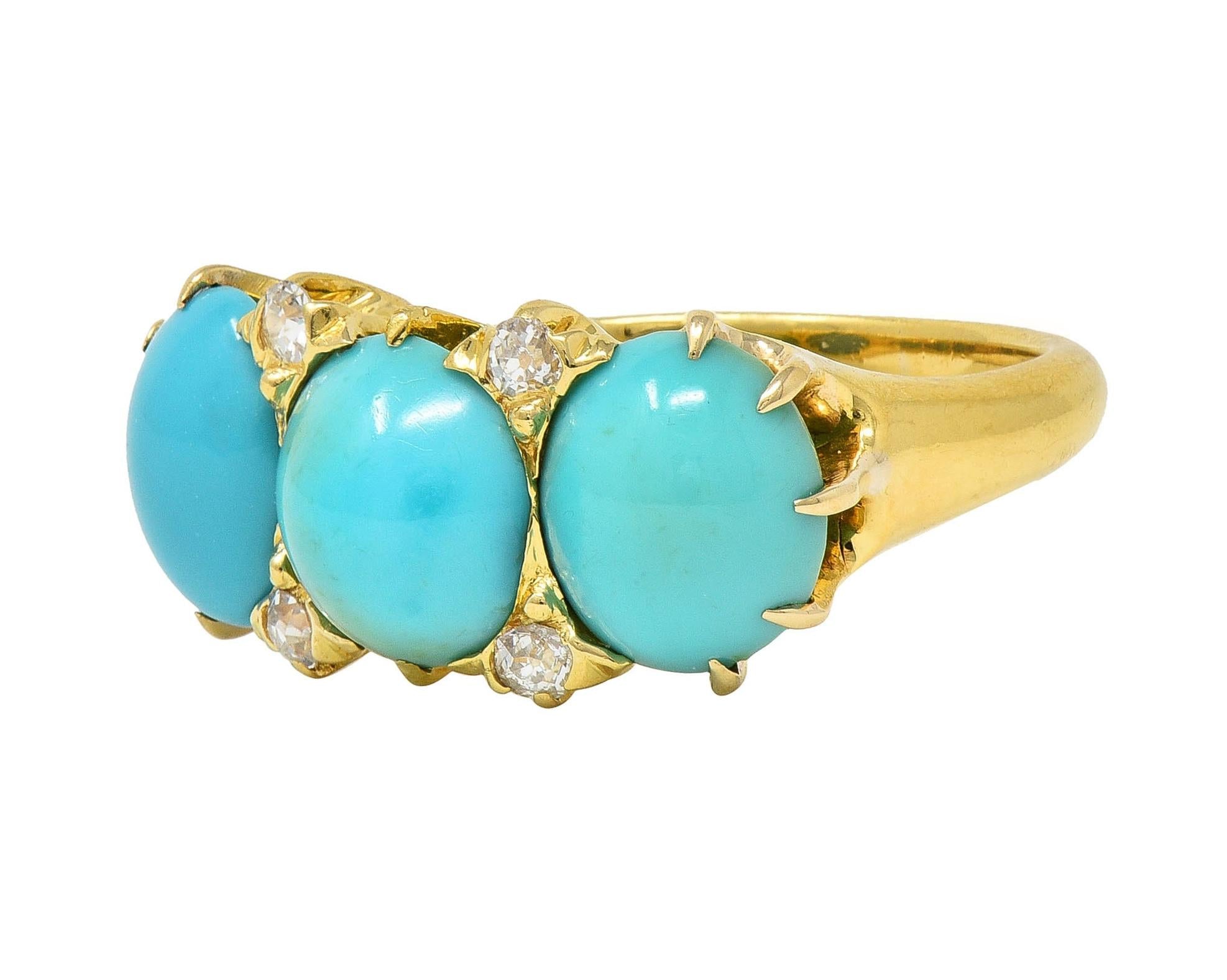 Victorian Turquoise Diamond 18 Karat Yellow Gold Antique Three Stone Band Ring