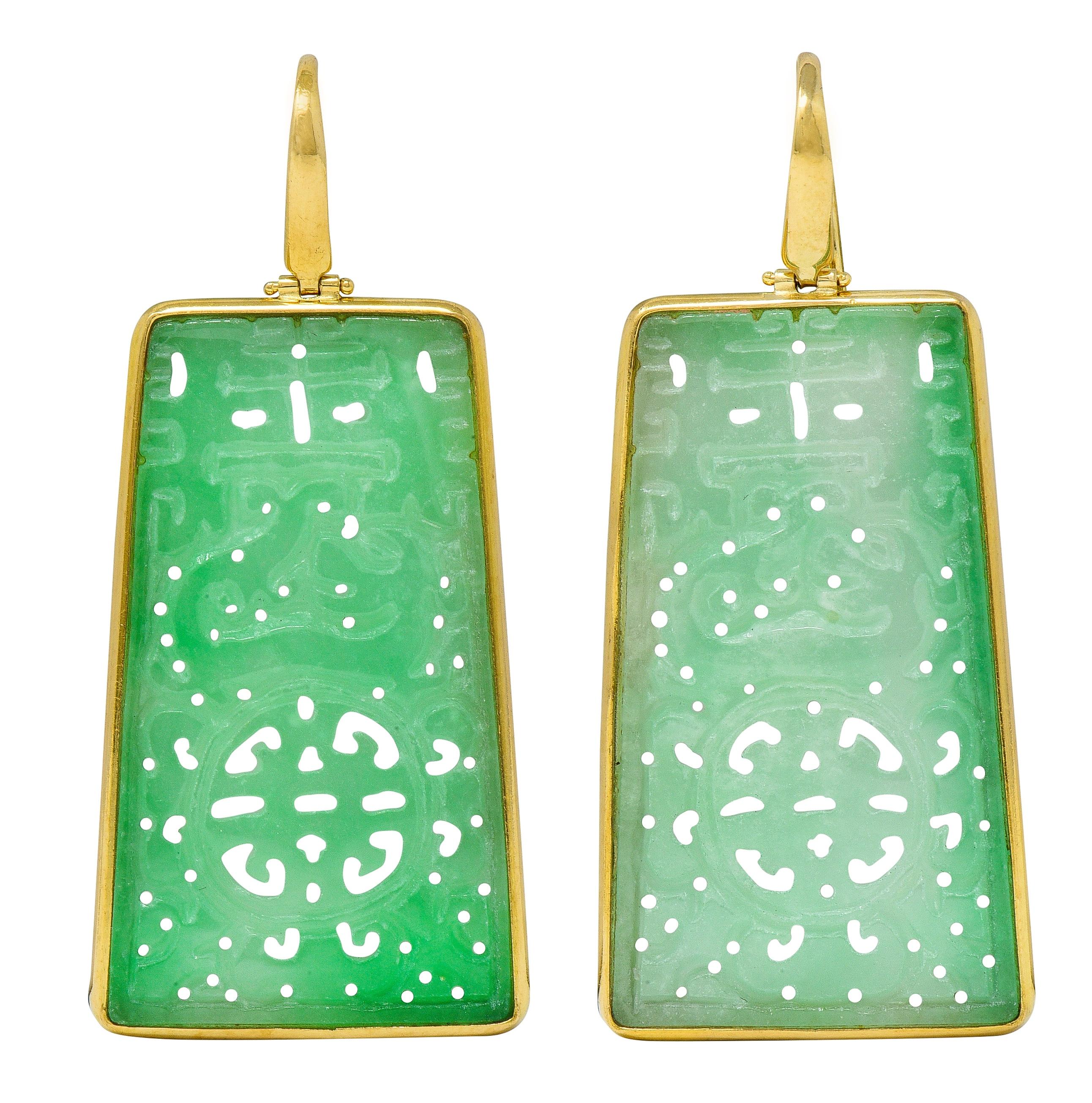 1960's Jade 18 Karat Yellow Gold Vintage Carved Shou Drop Earrings