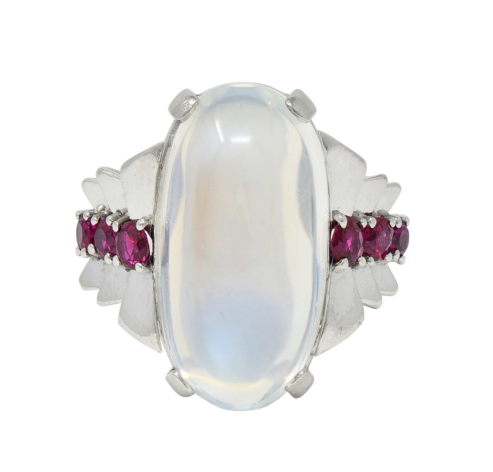 Mid-Century Moonstone Ruby Platinum Vintage Cocktail Ring