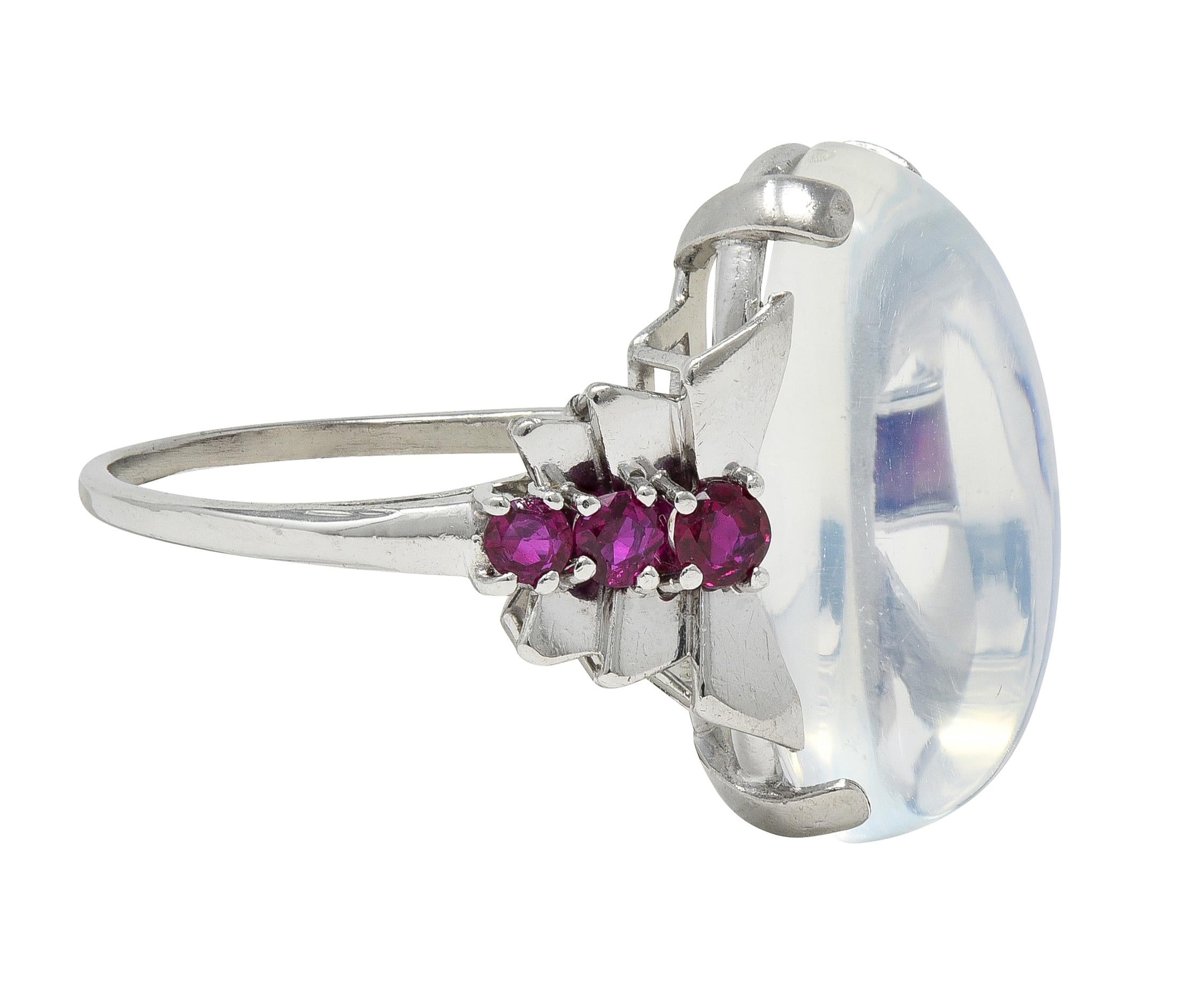 Mid-Century Moonstone Ruby Platinum Vintage Cocktail Ring