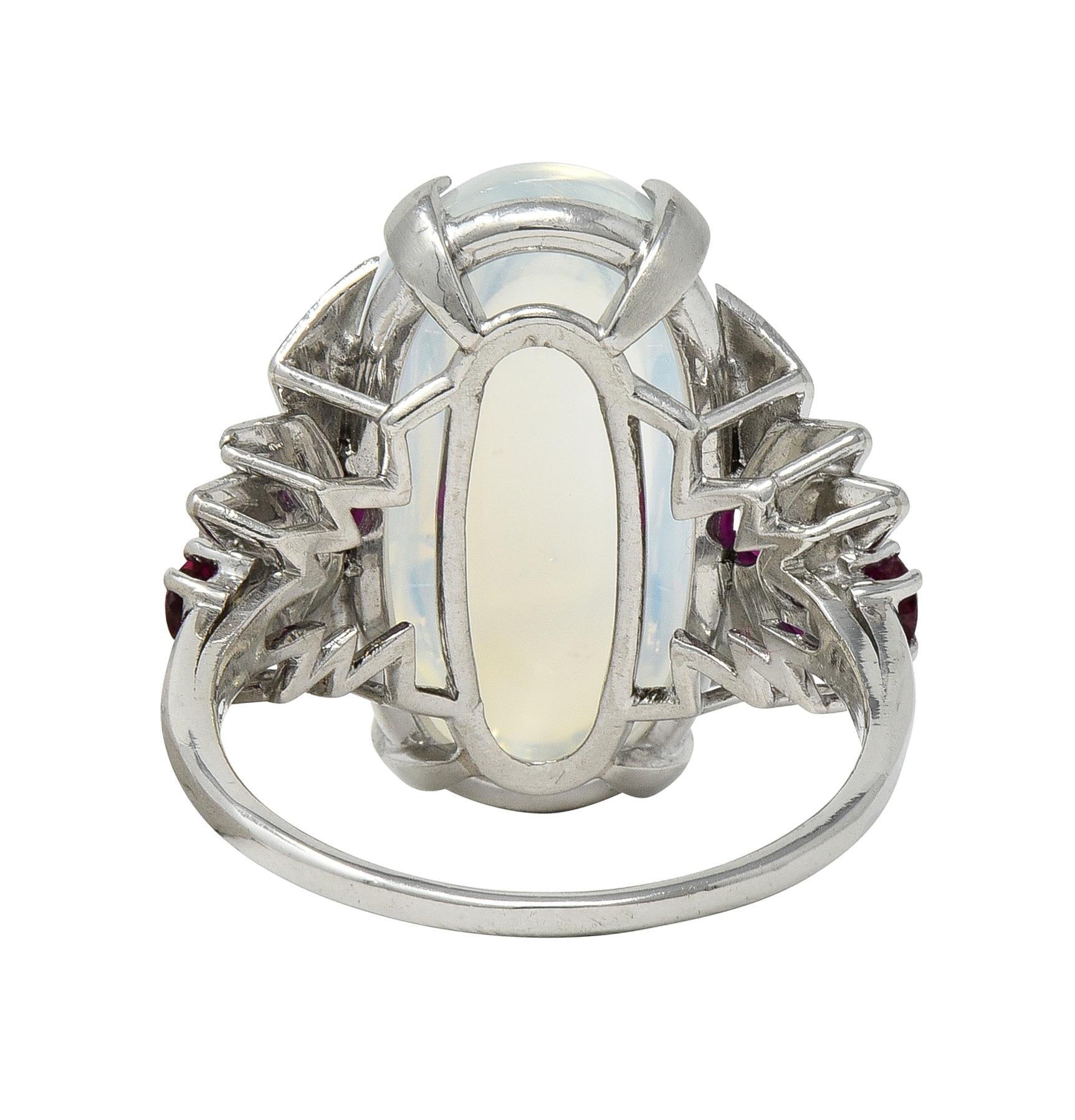 Mid-Century Moonstone Ruby Platinum Vintage Cocktail Ring