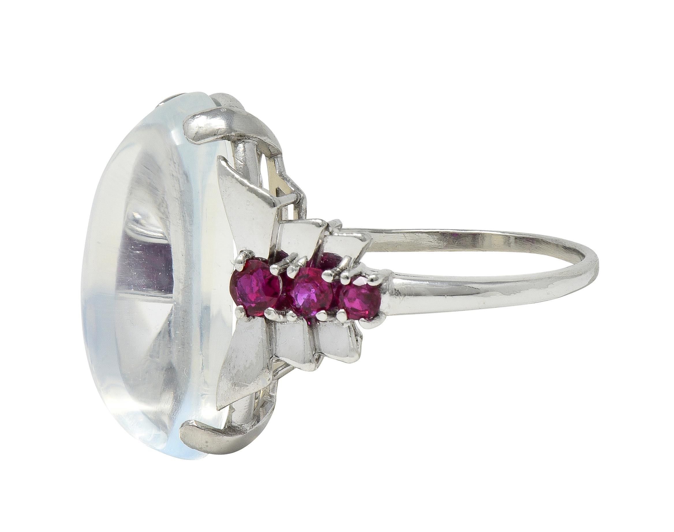 Mid-Century Moonstone Ruby Platinum Vintage Cocktail Ring
