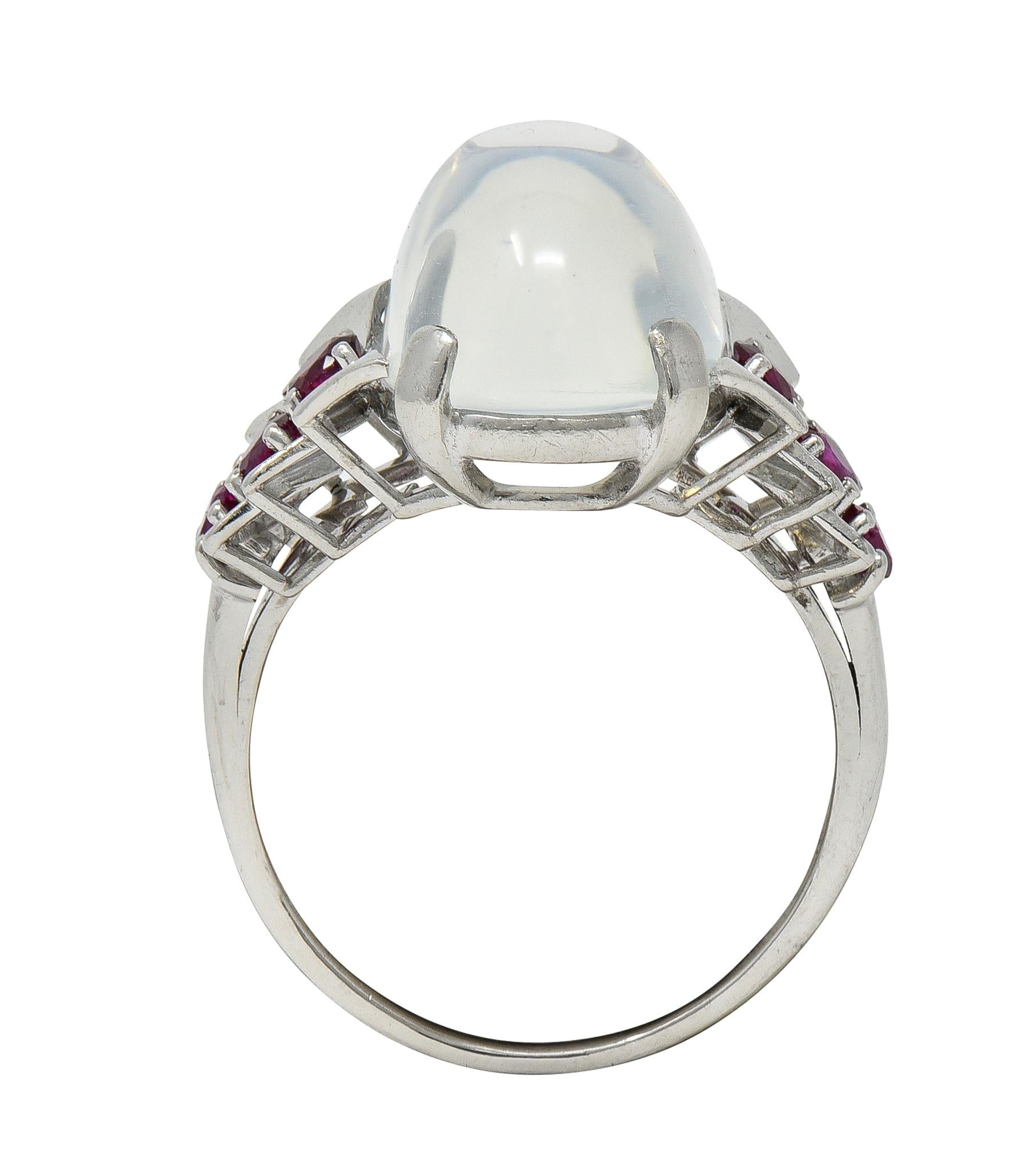 Mid-Century Moonstone Ruby Platinum Vintage Cocktail Ring