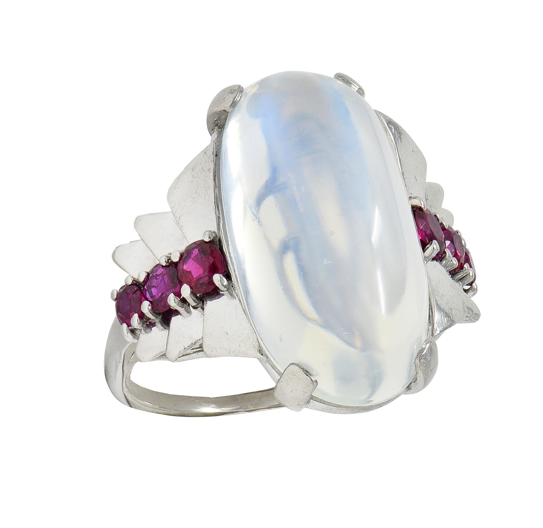 Mid-Century Moonstone Ruby Platinum Vintage Cocktail Ring