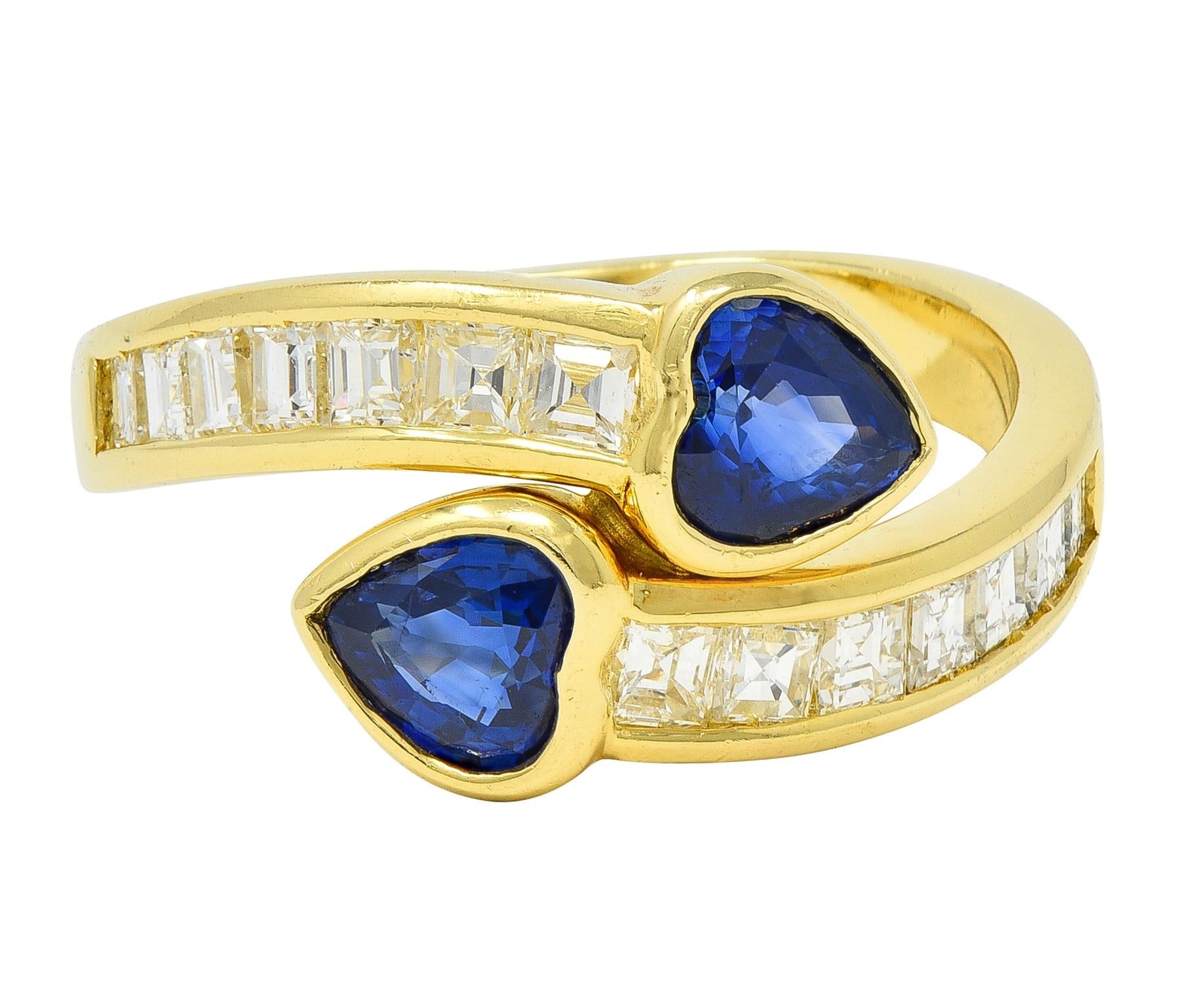 1980's Sapphire Diamond 18 Karat Yellow Gold Vintage Heart Bypass Ring