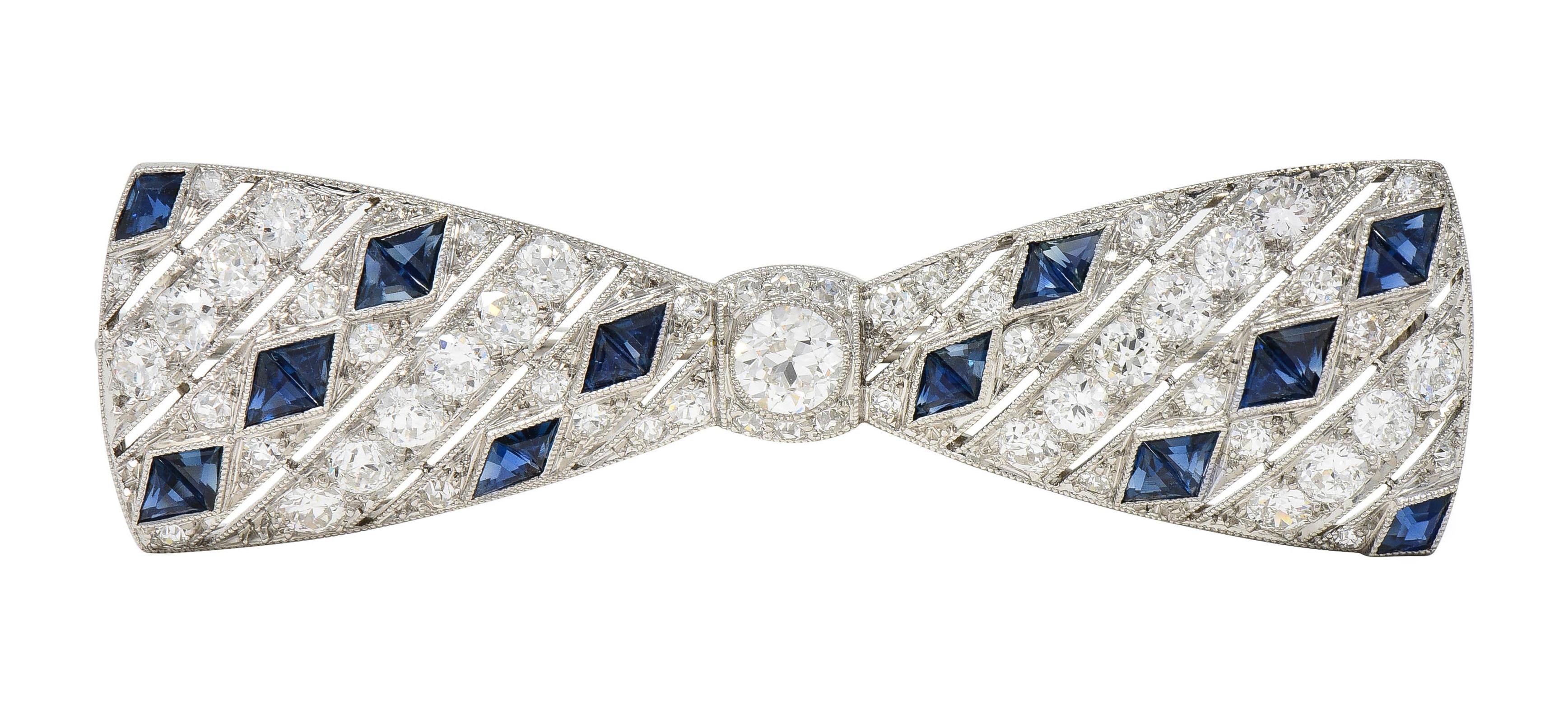 Art Deco 4.00 CTW Diamond Sapphire Platinum Vintage Unisex Bow Brooch