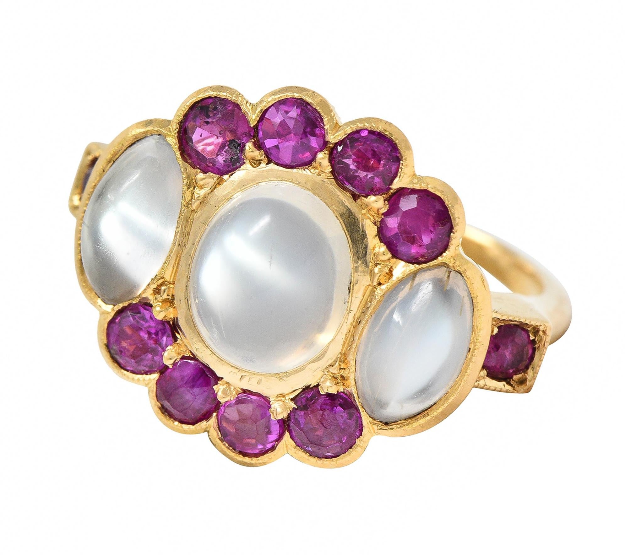 Retro 1.04 CTW Ruby Moonstone 18 Karat Yellow Gold Vintage Cluster Ring