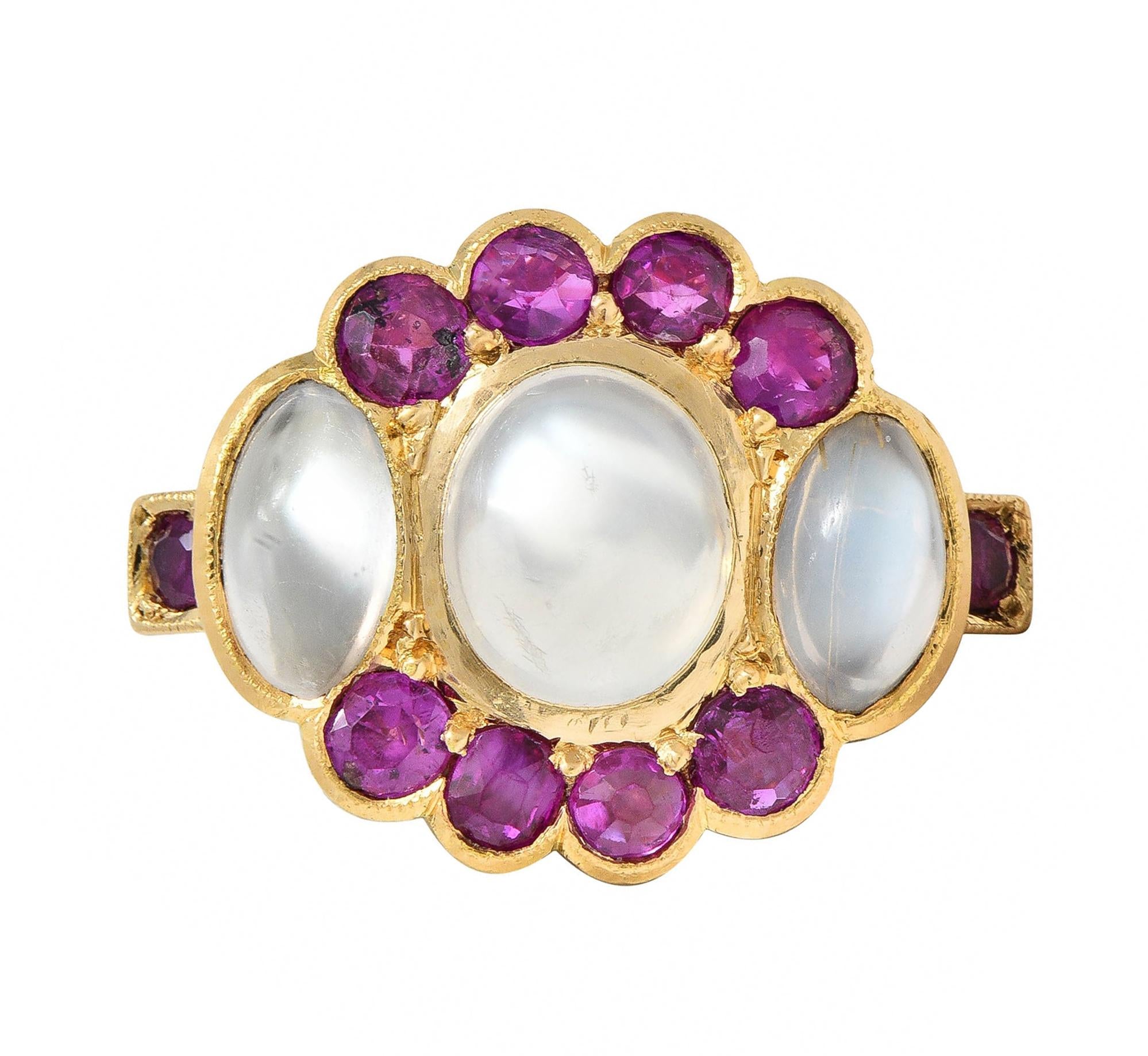 Retro 1.04 CTW Ruby Moonstone 18 Karat Yellow Gold Vintage Cluster Ring