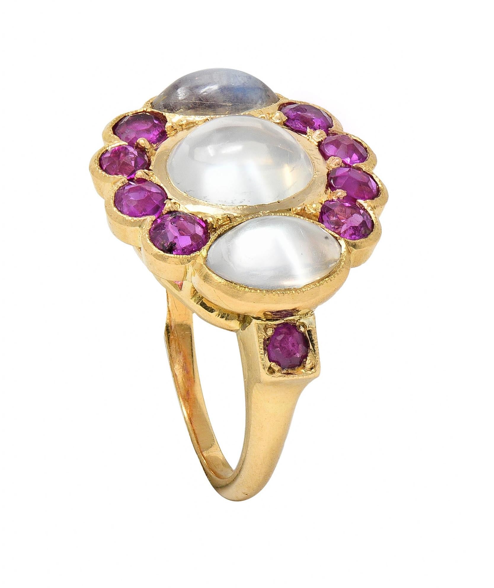 Retro 1.04 CTW Ruby Moonstone 18 Karat Yellow Gold Vintage Cluster Ring