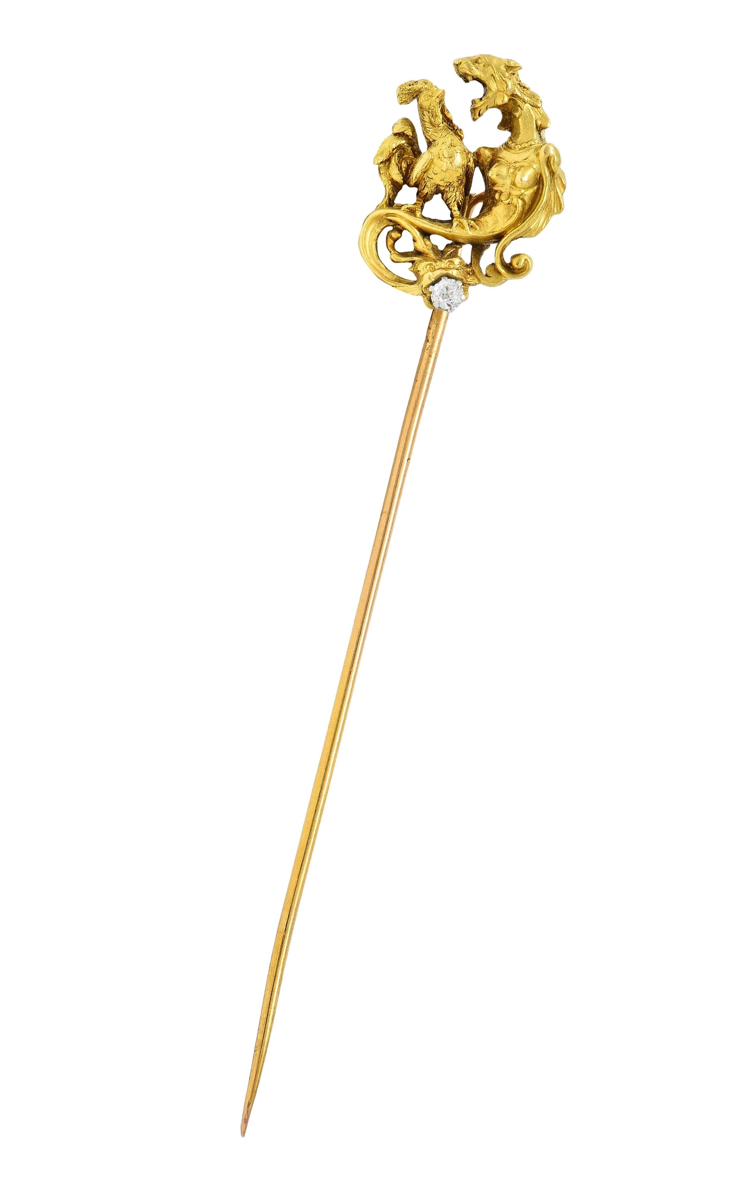 Art Nouveau French Diamond Platinum 18K Gold Antique Rooster Serpent Stickpin