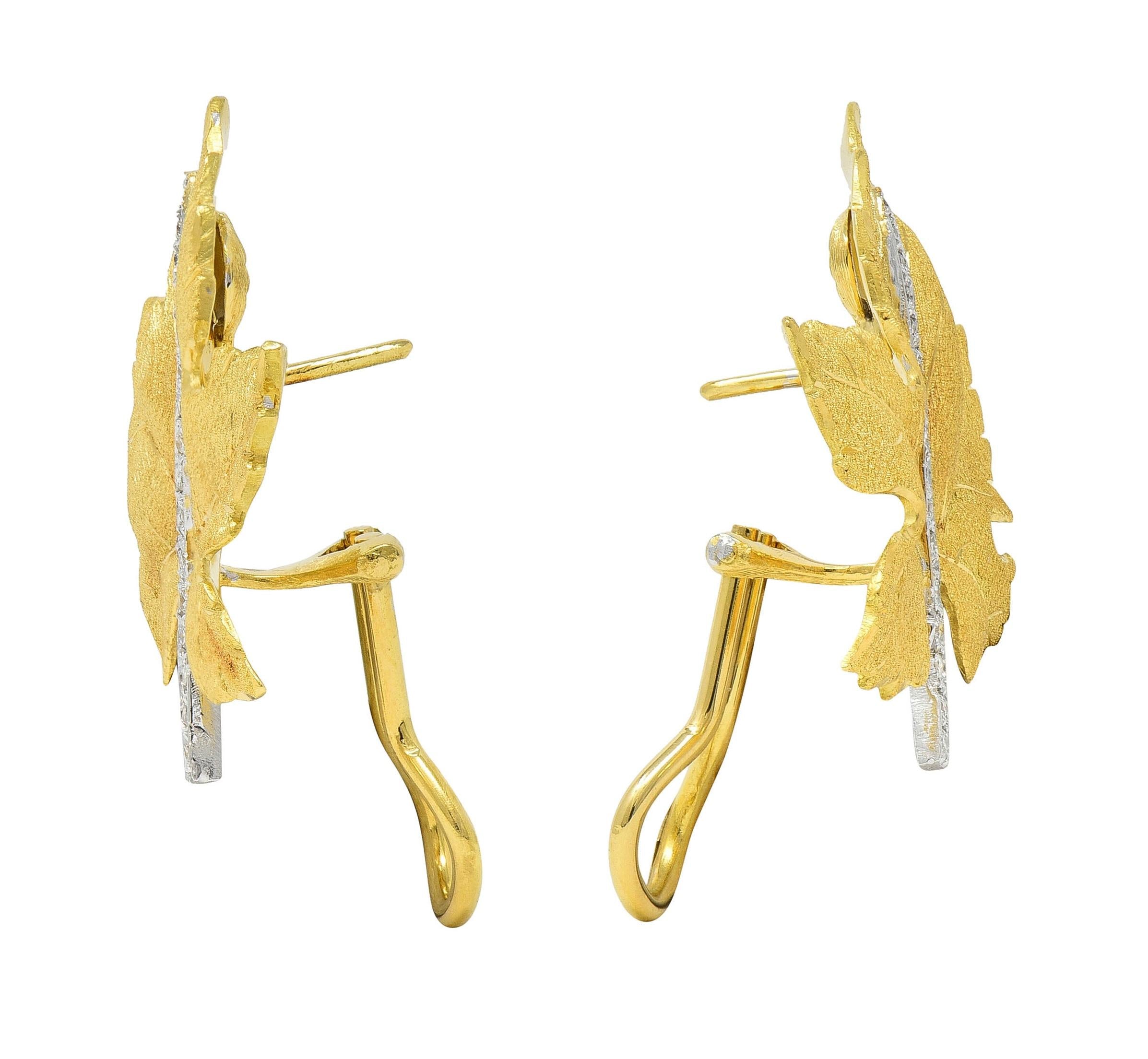 Buccellati Mid-Century Diamond 18K Two-Tone Gold Vintage Maple Leaf Earrings