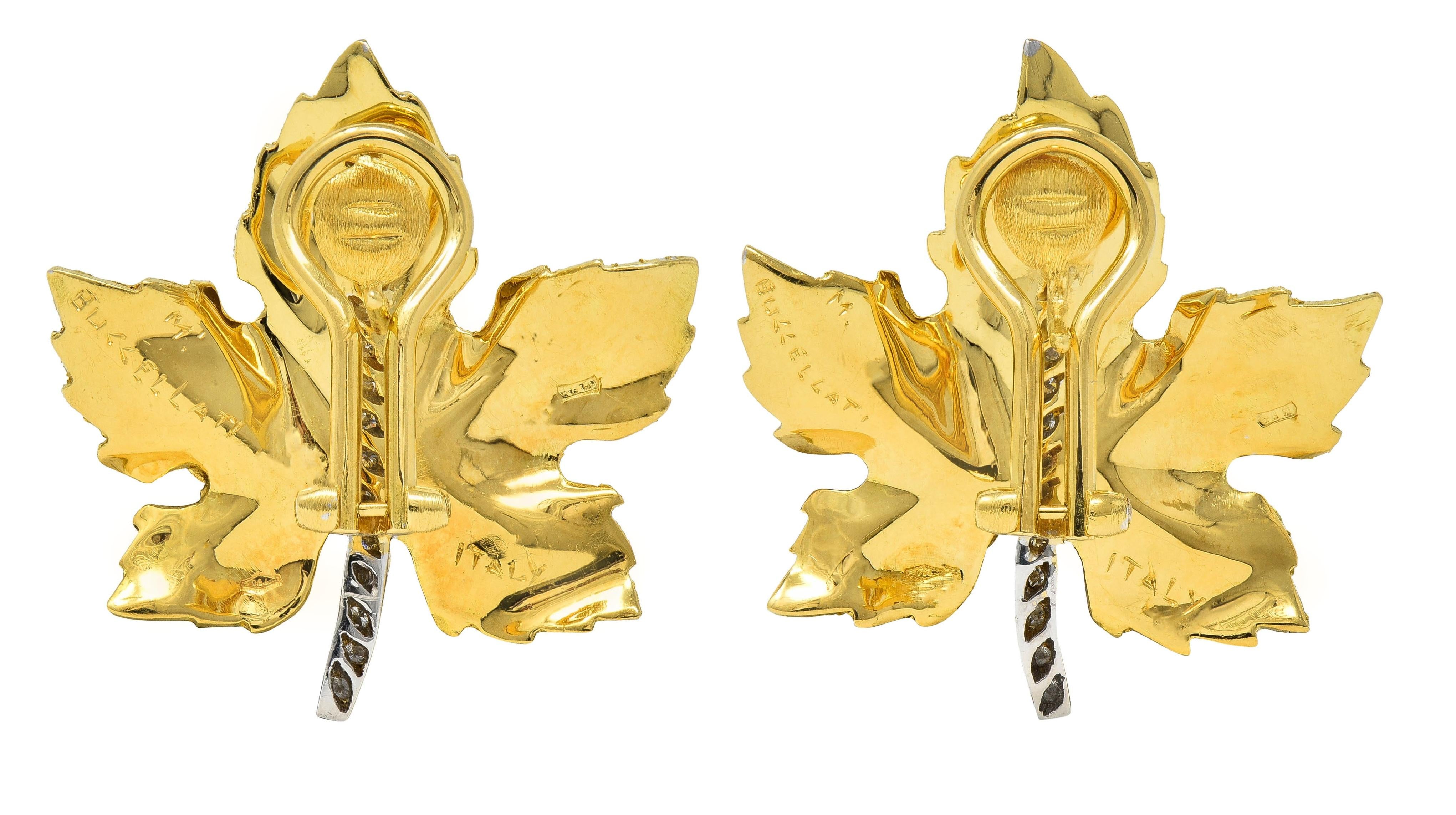 Buccellati Mid-Century Diamond 18K Two-Tone Gold Vintage Maple Leaf Earrings