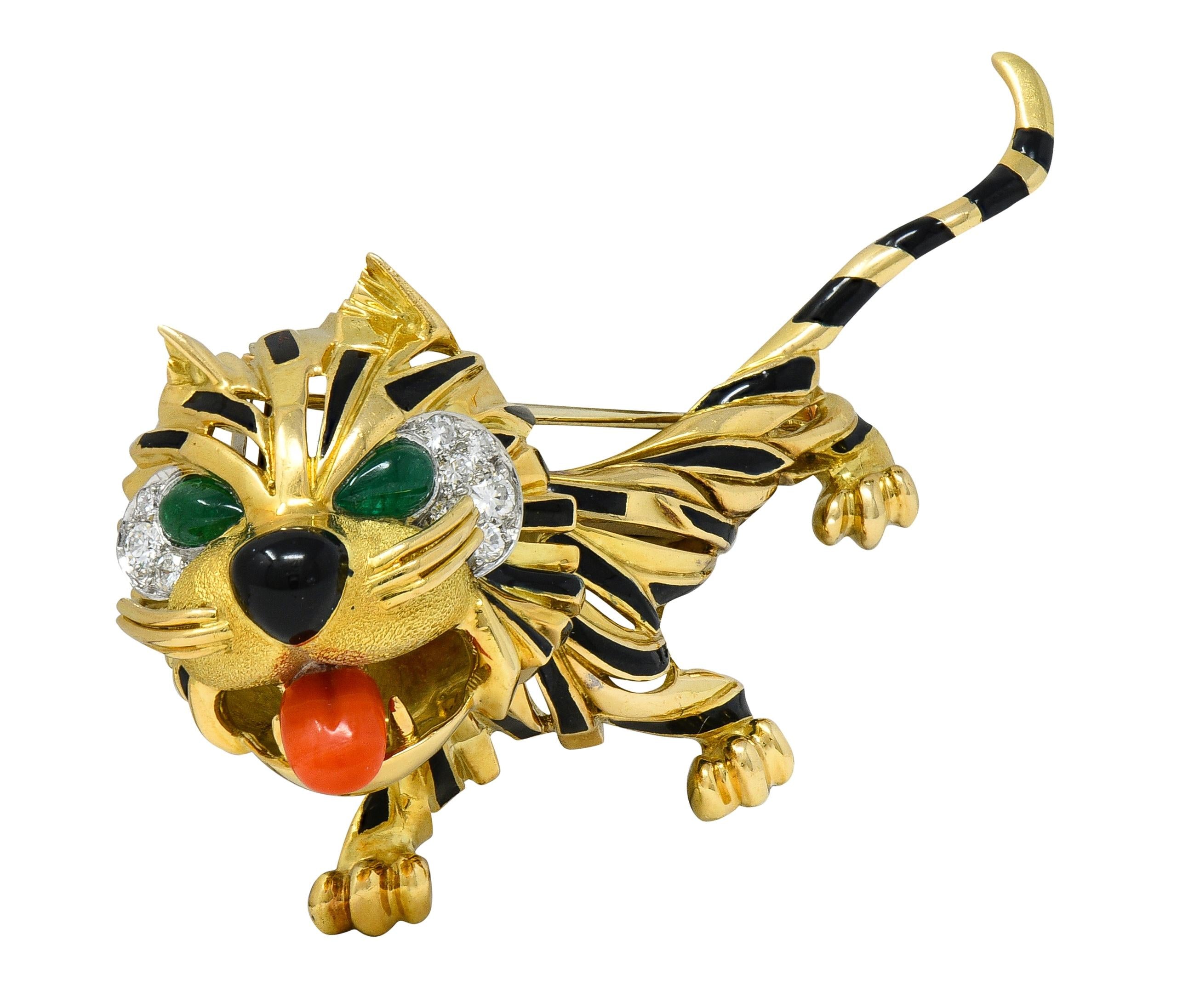 1960's Van Cleef & Arpels French Multi-Gem 18K Gold Vintage Tiger Brooch