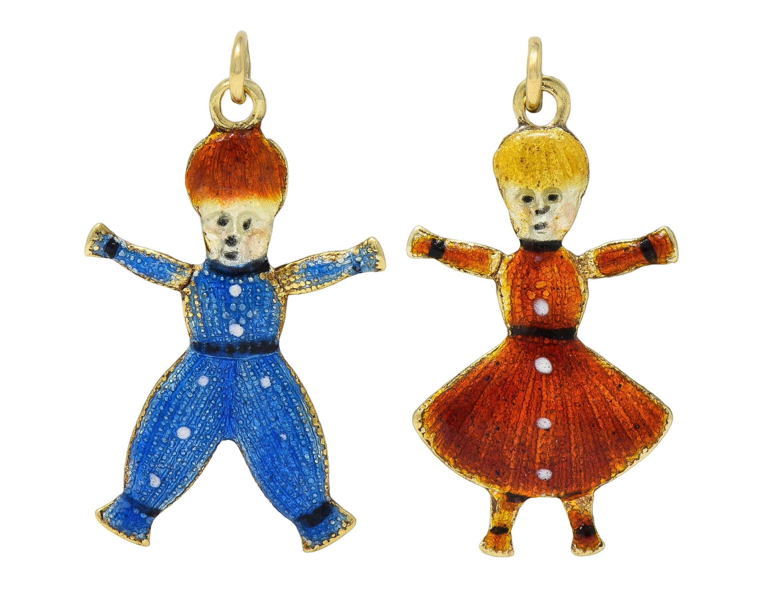 Art Deco Enamel 18 Karat Yellow Gold Two Children Antique 1920's Charms