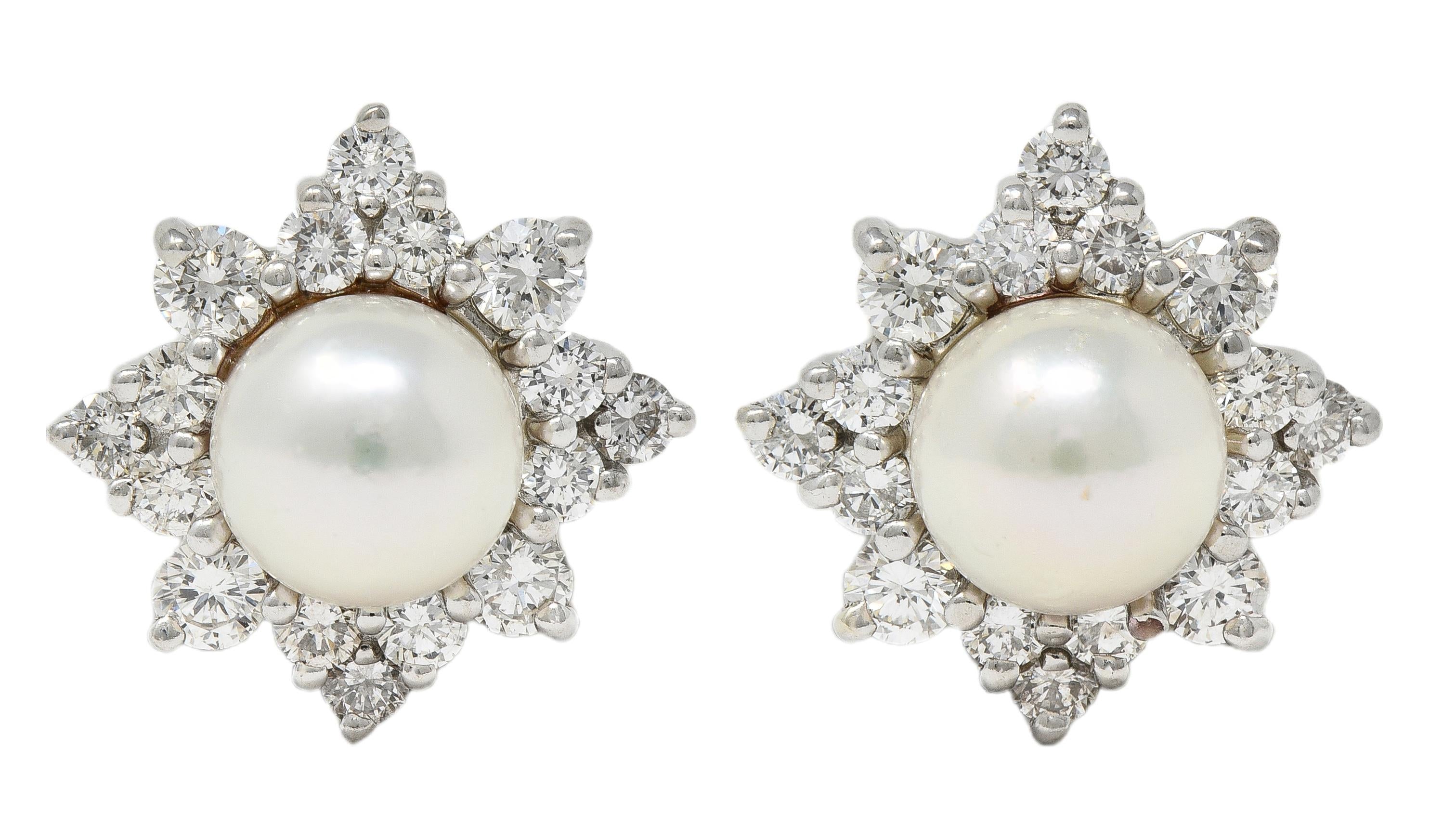 Contemporary Akoya Pearl Diamond 14 Karat White Gold Cluster Burst Stud Earrings
