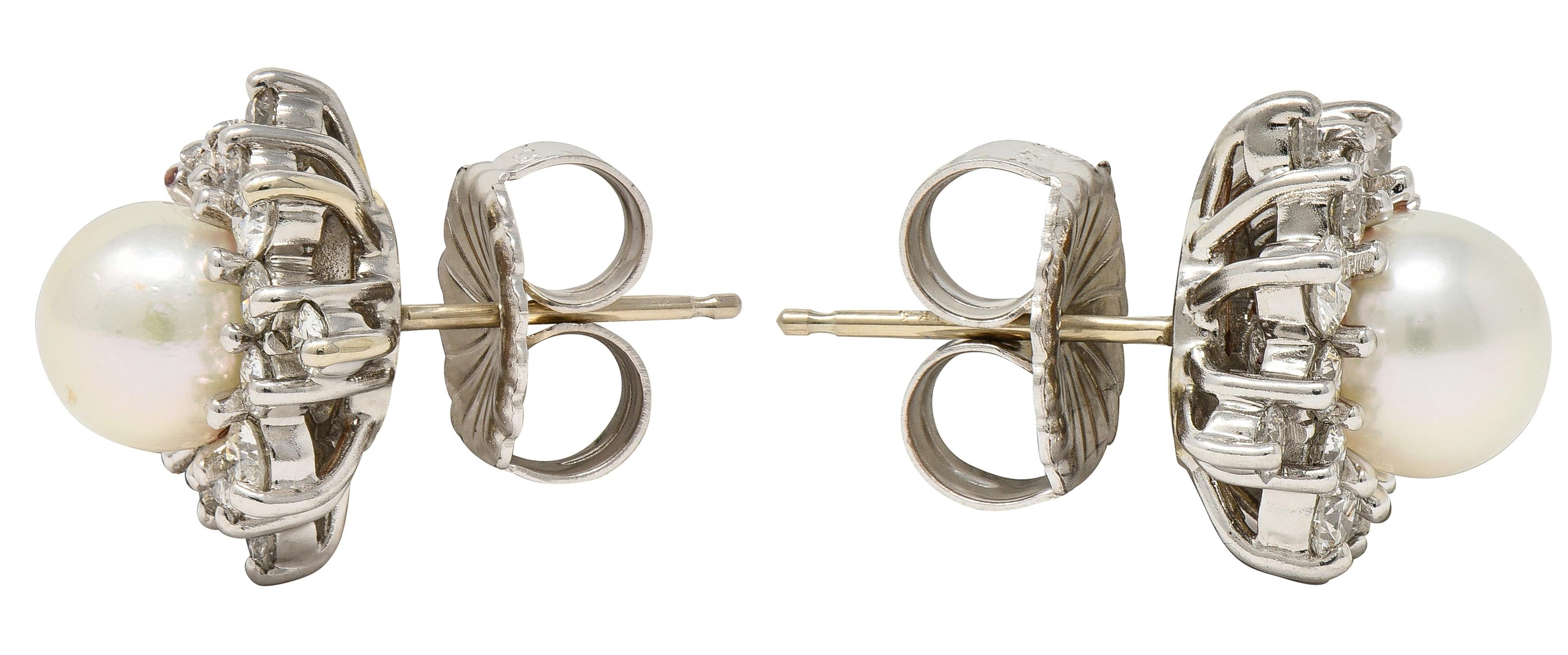 Contemporary Akoya Pearl Diamond 14 Karat White Gold Cluster Burst Stud Earrings