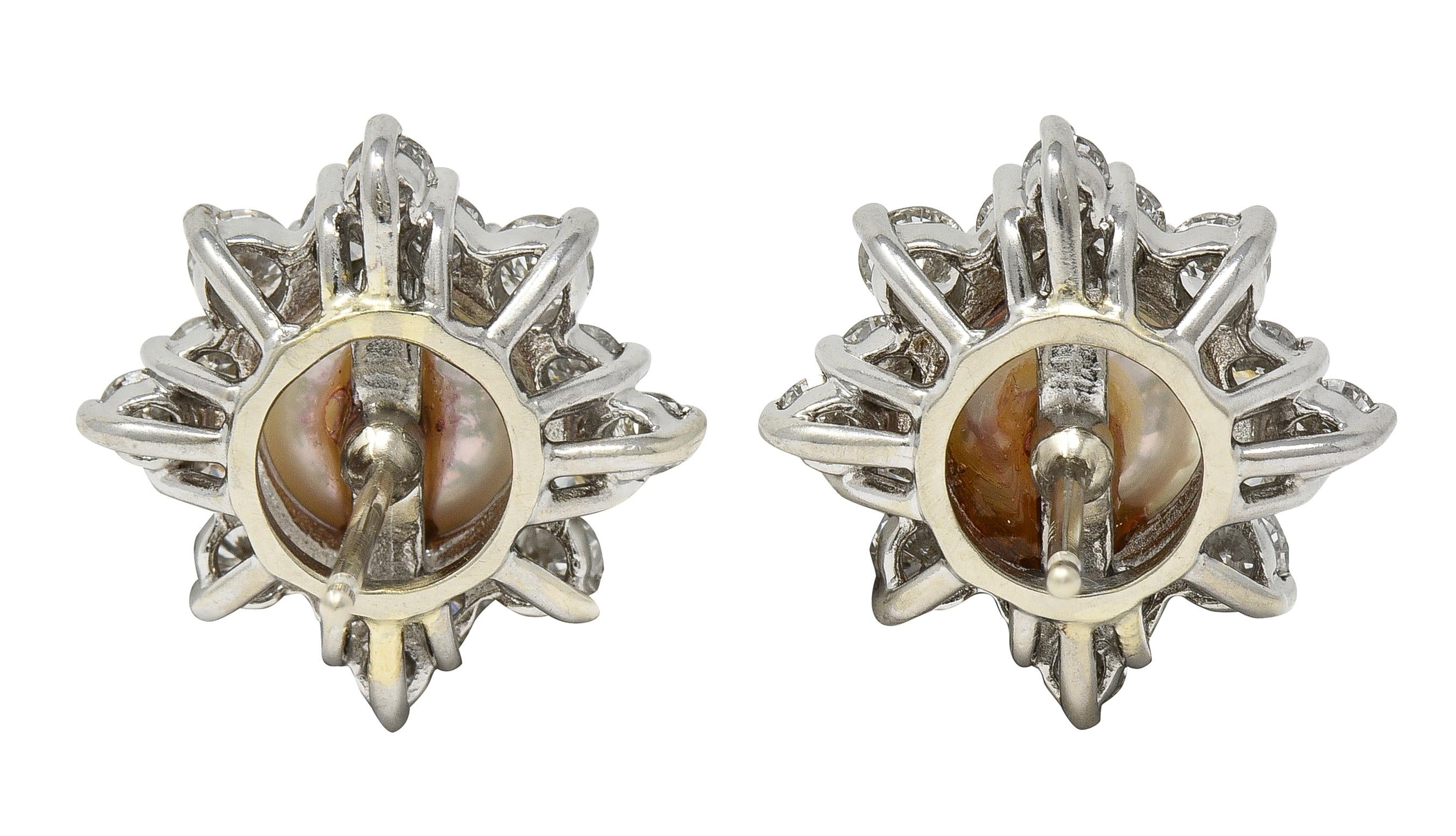 Contemporary Akoya Pearl Diamond 14 Karat White Gold Cluster Burst Stud Earrings