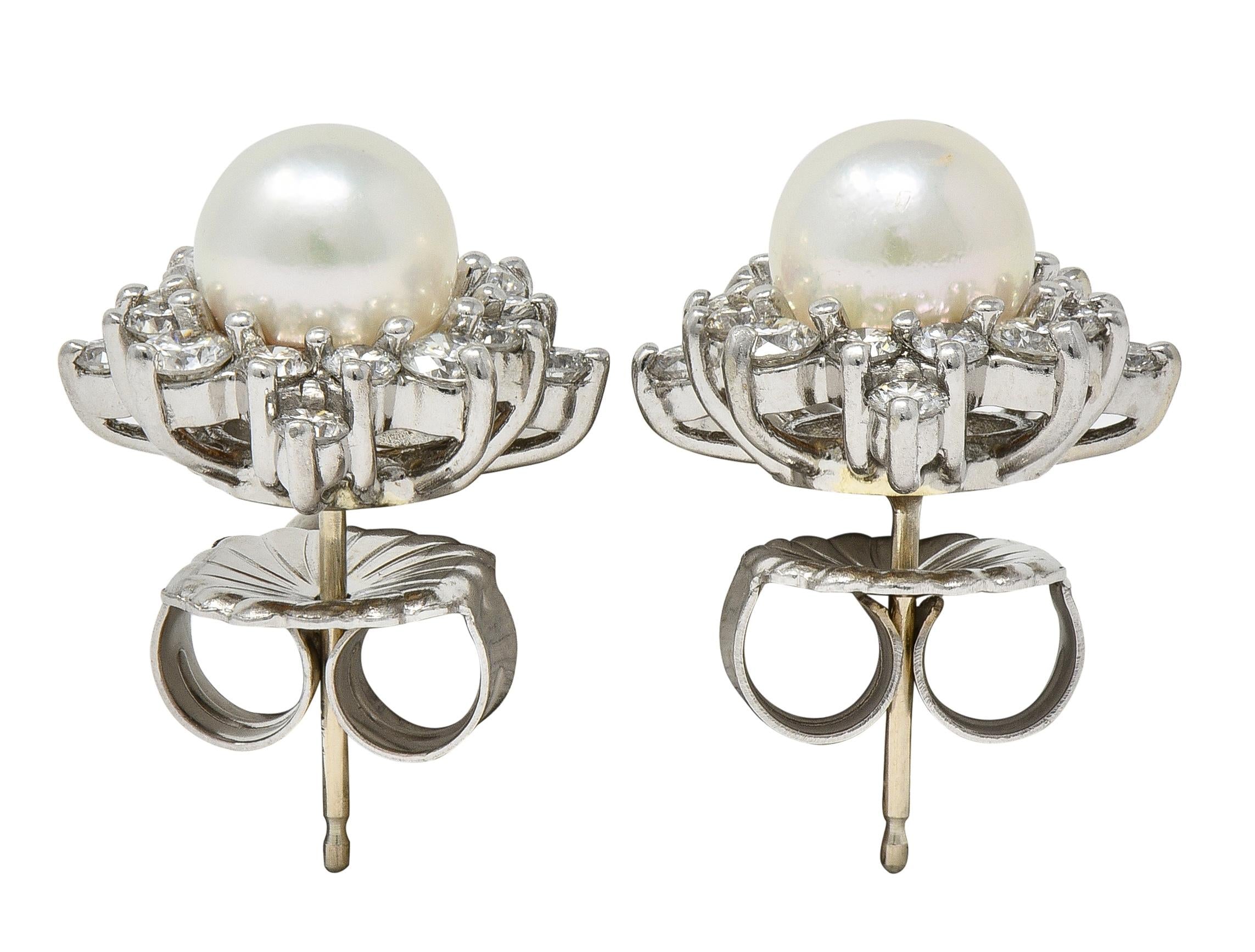 Contemporary Akoya Pearl Diamond 14 Karat White Gold Cluster Burst Stud Earrings