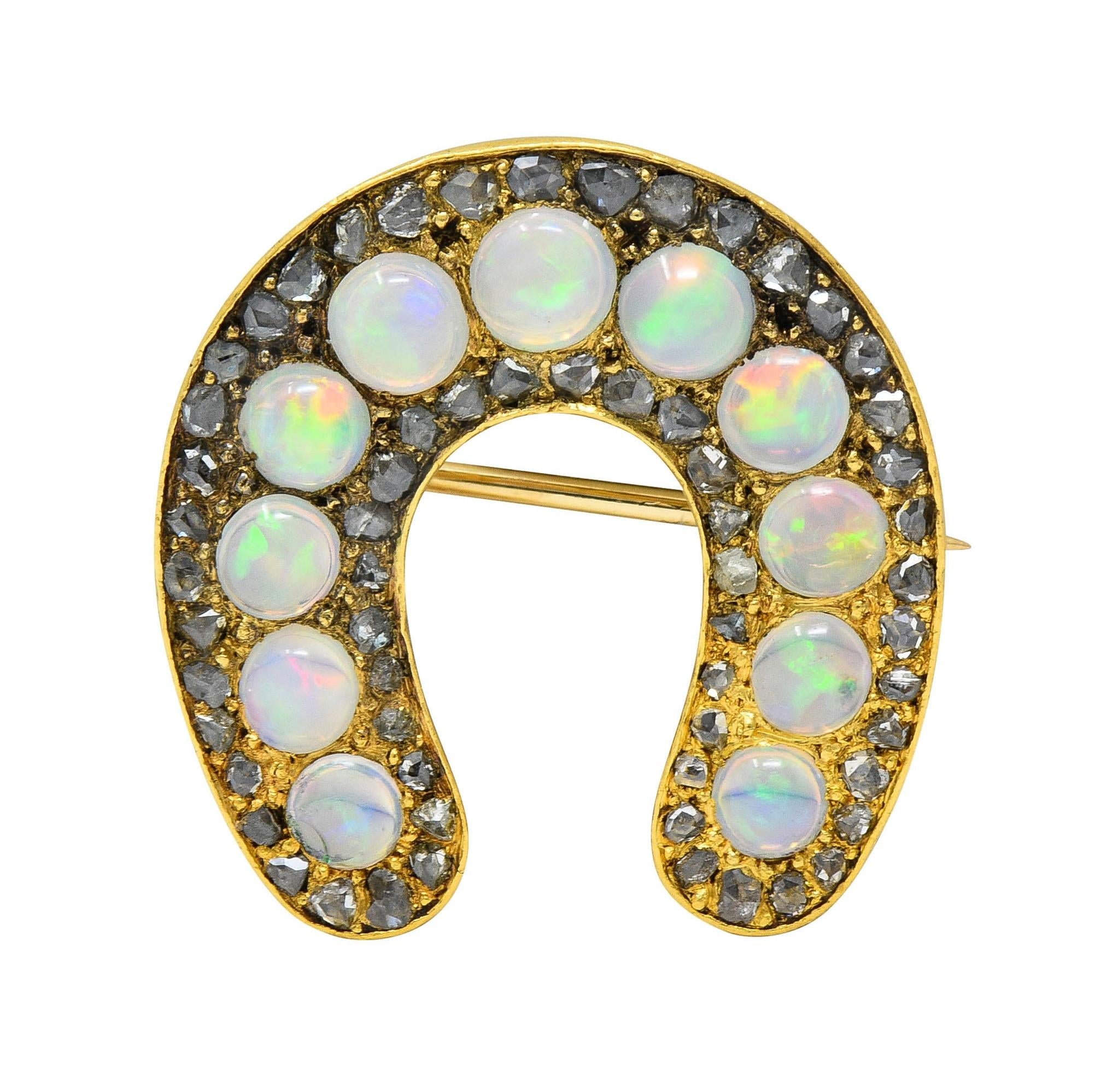 Victorian Jelly Opal Diamond 18 Karat Yellow Gold Antique Horseshoe Brooch