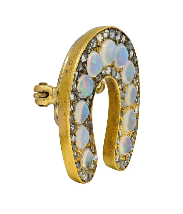Victorian Jelly Opal Diamond 18 Karat Yellow Gold Antique Horseshoe Brooch
