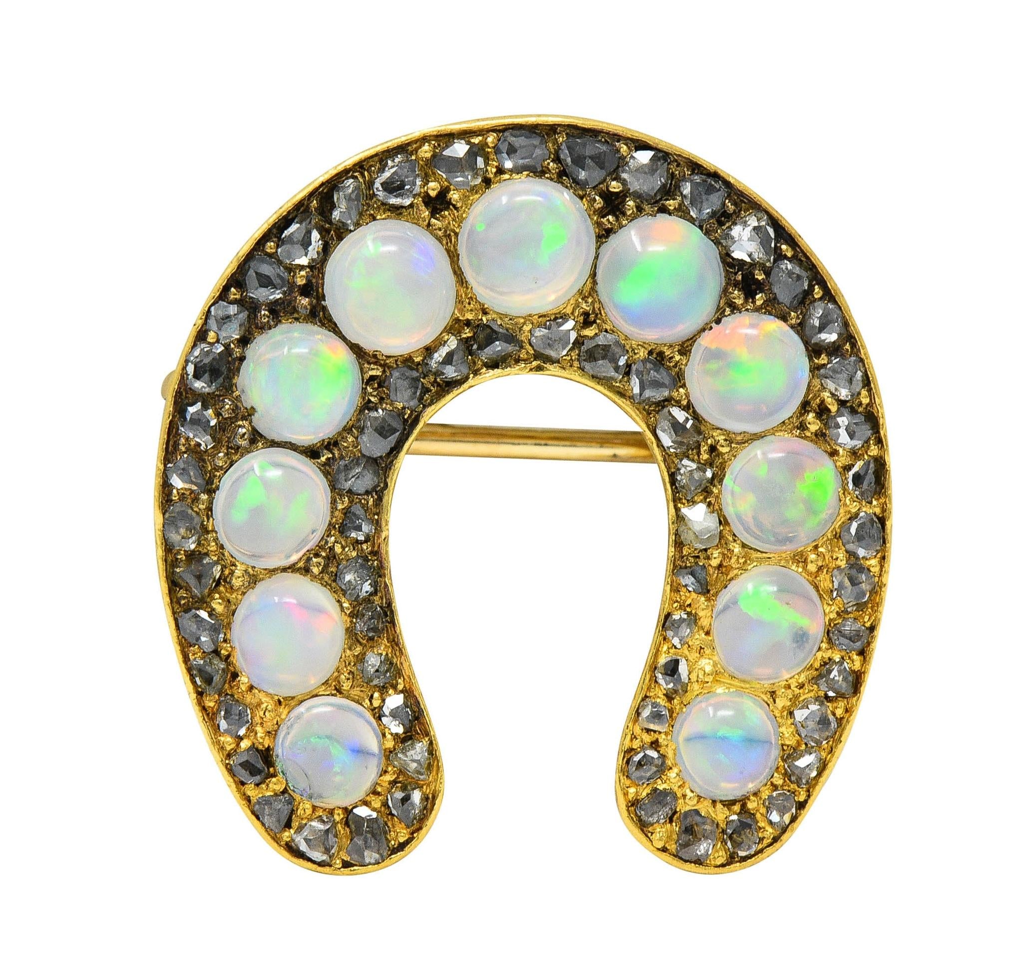 Victorian Jelly Opal Diamond 18 Karat Yellow Gold Antique Horseshoe Brooch