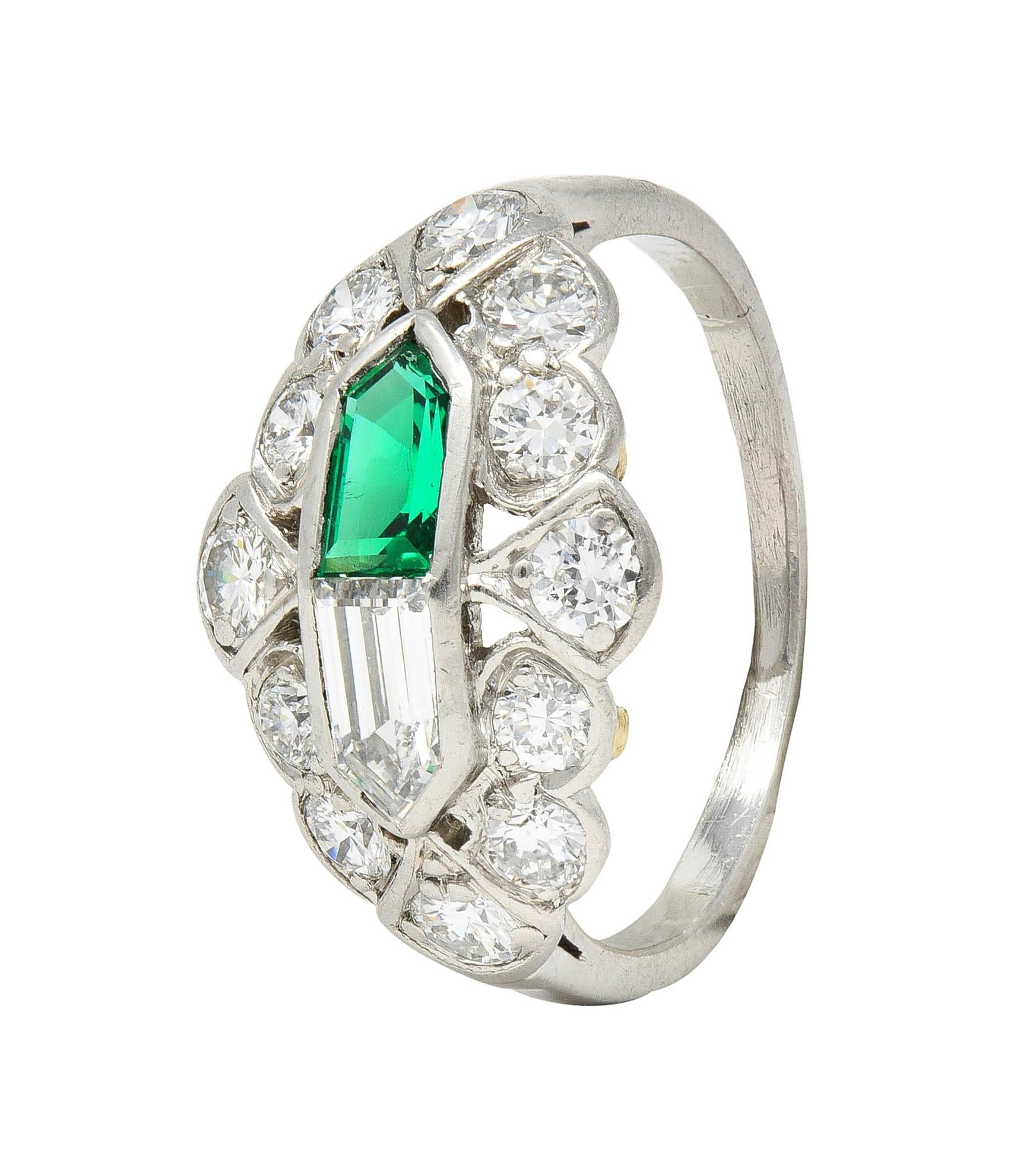 Birks Art Deco 1.20 CTW Emerald Diamond Platinum Cluster Vintage Dinner Ring