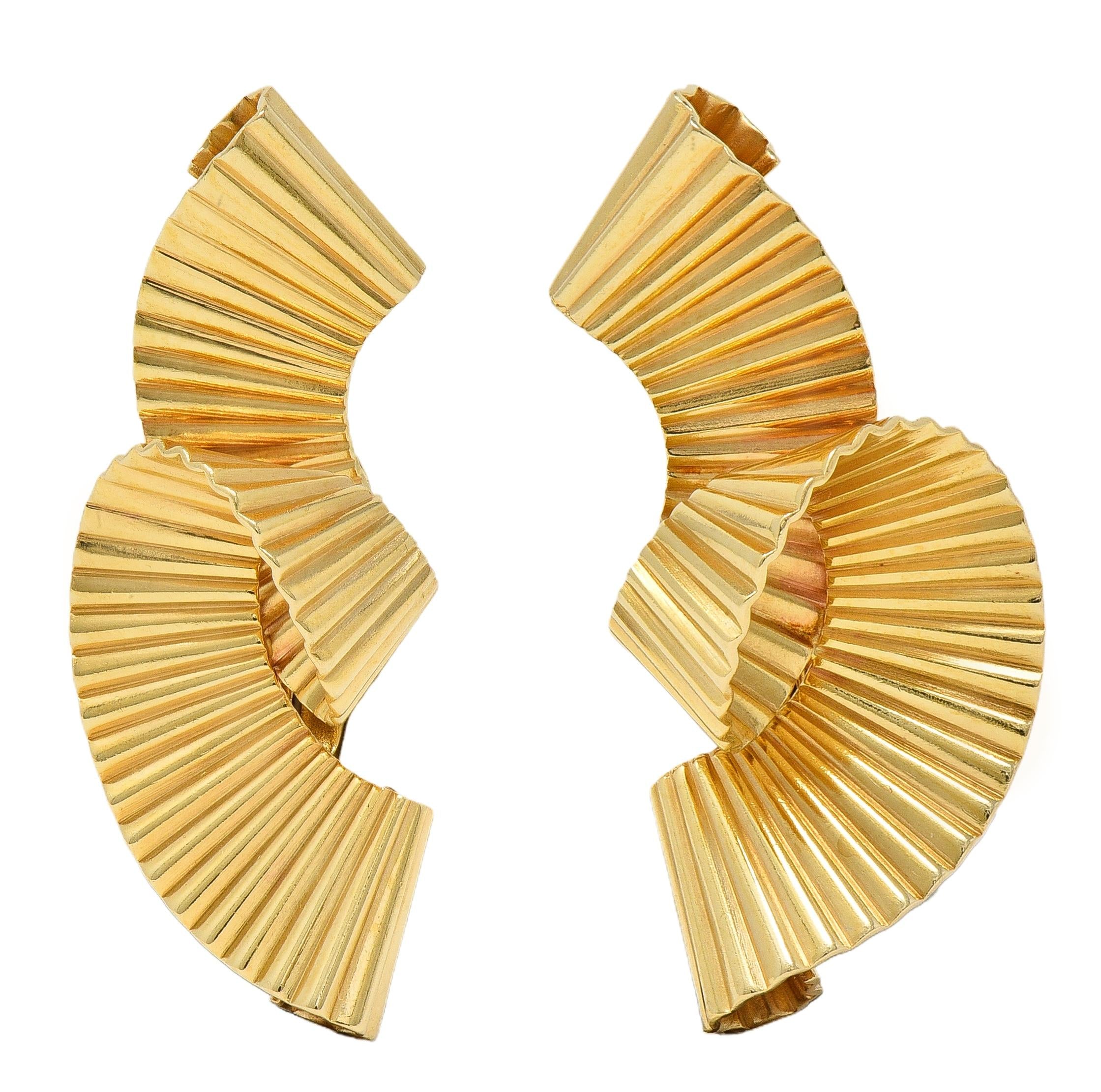 Tiffany & Co. Retro 14 Karat Yellow Gold Pleated Scroll Ear-Clip Earrings